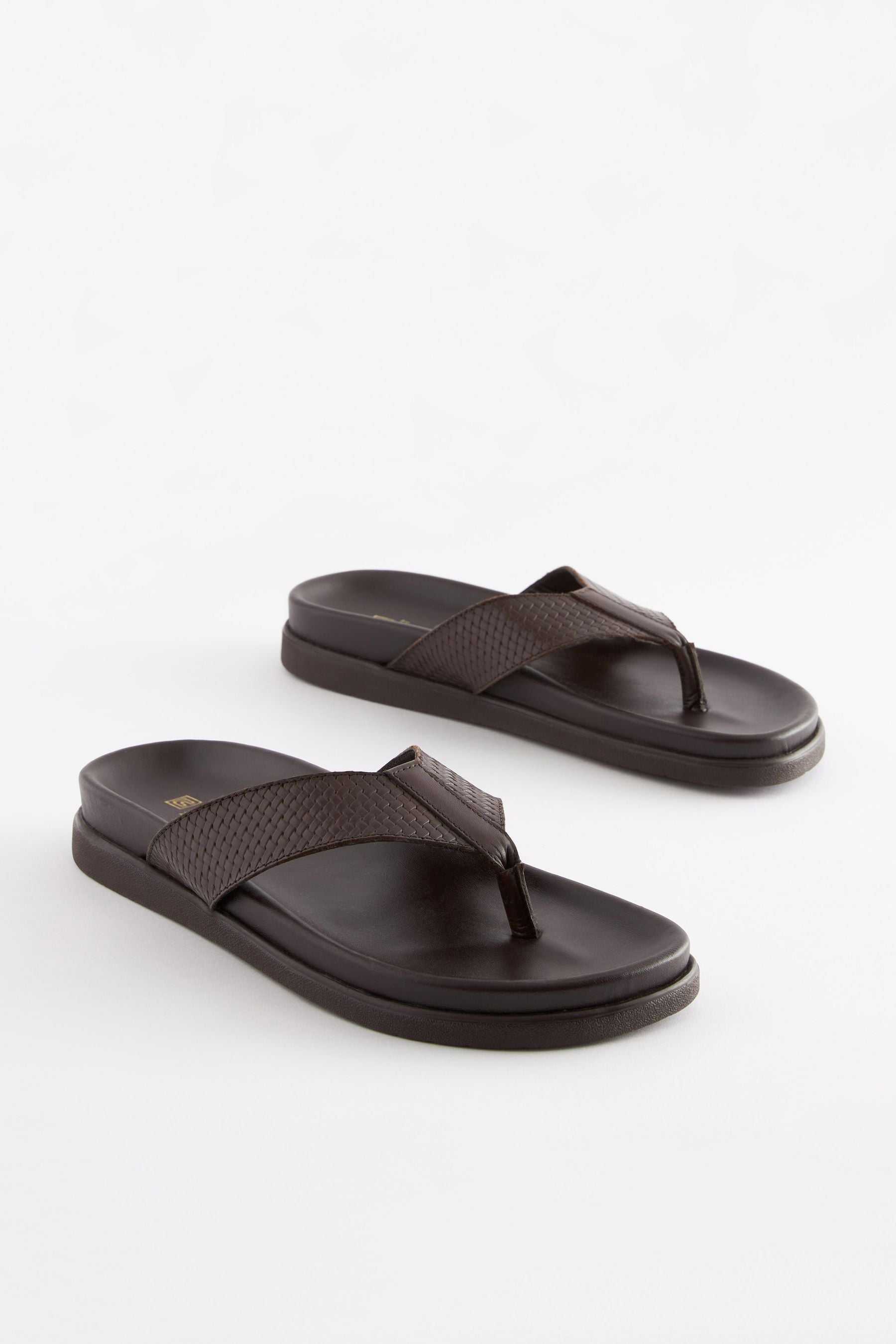 Brown Embossed Leather Flip Flops