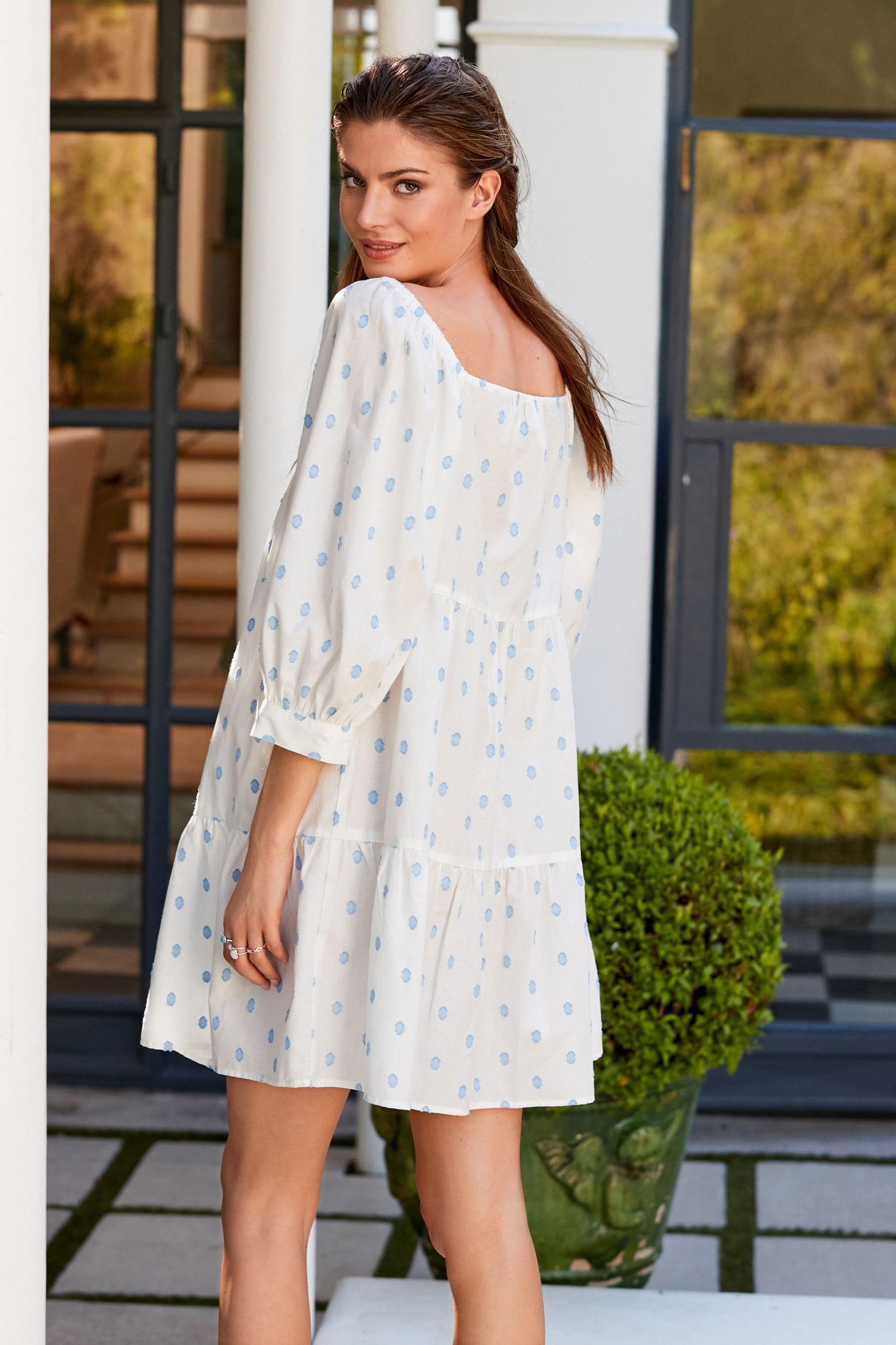 White dress with blue spots top