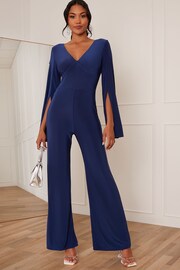 Chi Chi London Blue V-Neck Split Sleeve Jumpsuit - Image 3 of 4