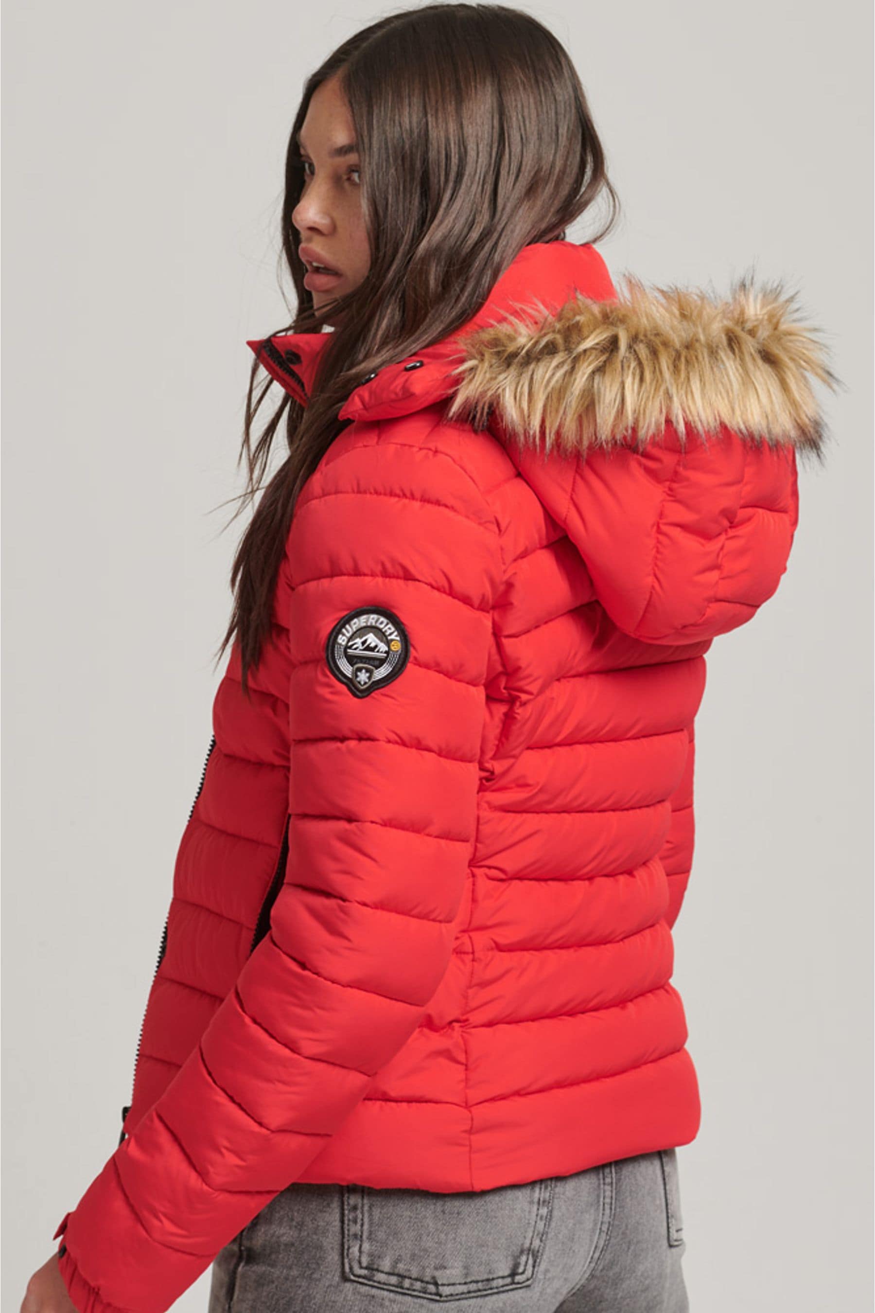 Red faux fur puffer jacket discount
