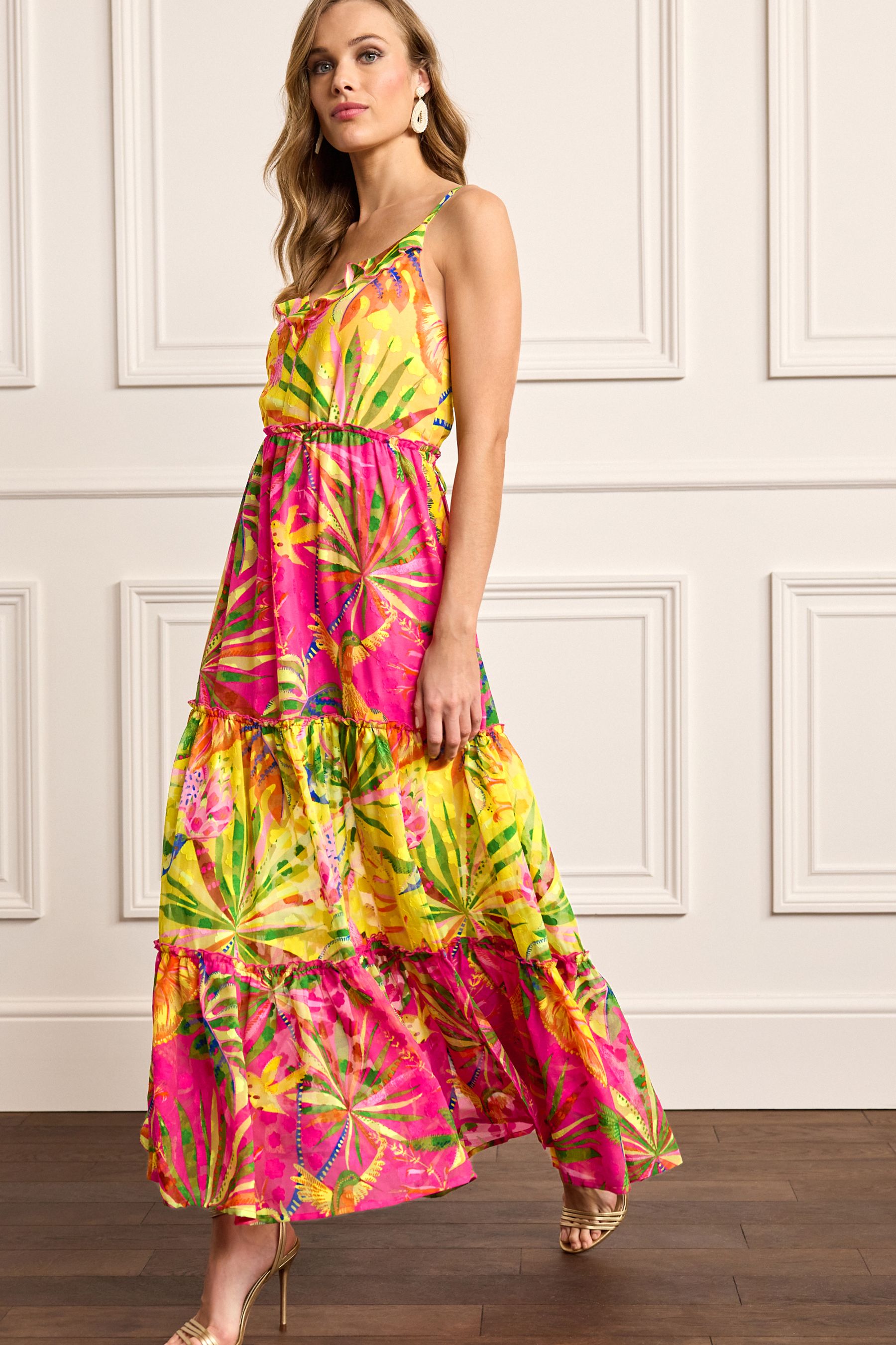 Buy Pink Yellow Print Maxi Tiered Ruffle Dress from Next Luxembourg