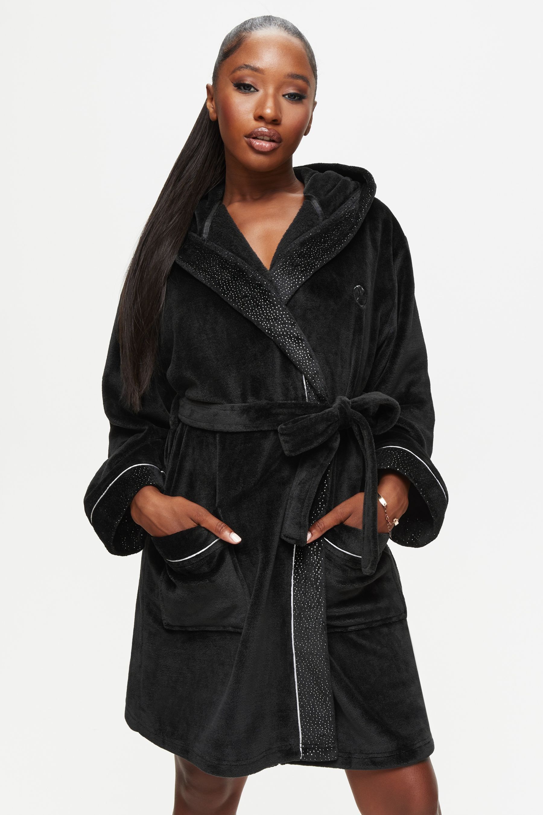 Fluffy black dressing gown shop