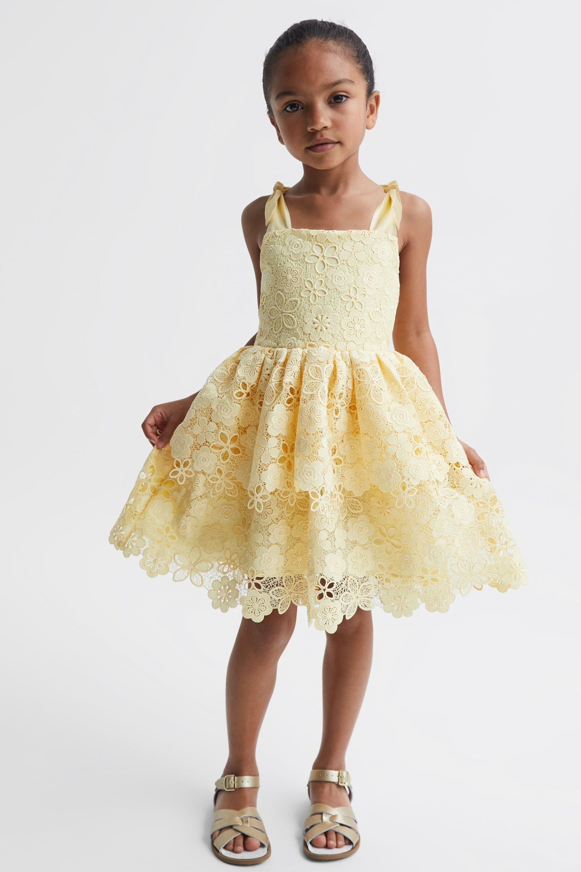 Reiss Lemon Bethany Junior Bow Strap Lace Dress - Image 3 of 6