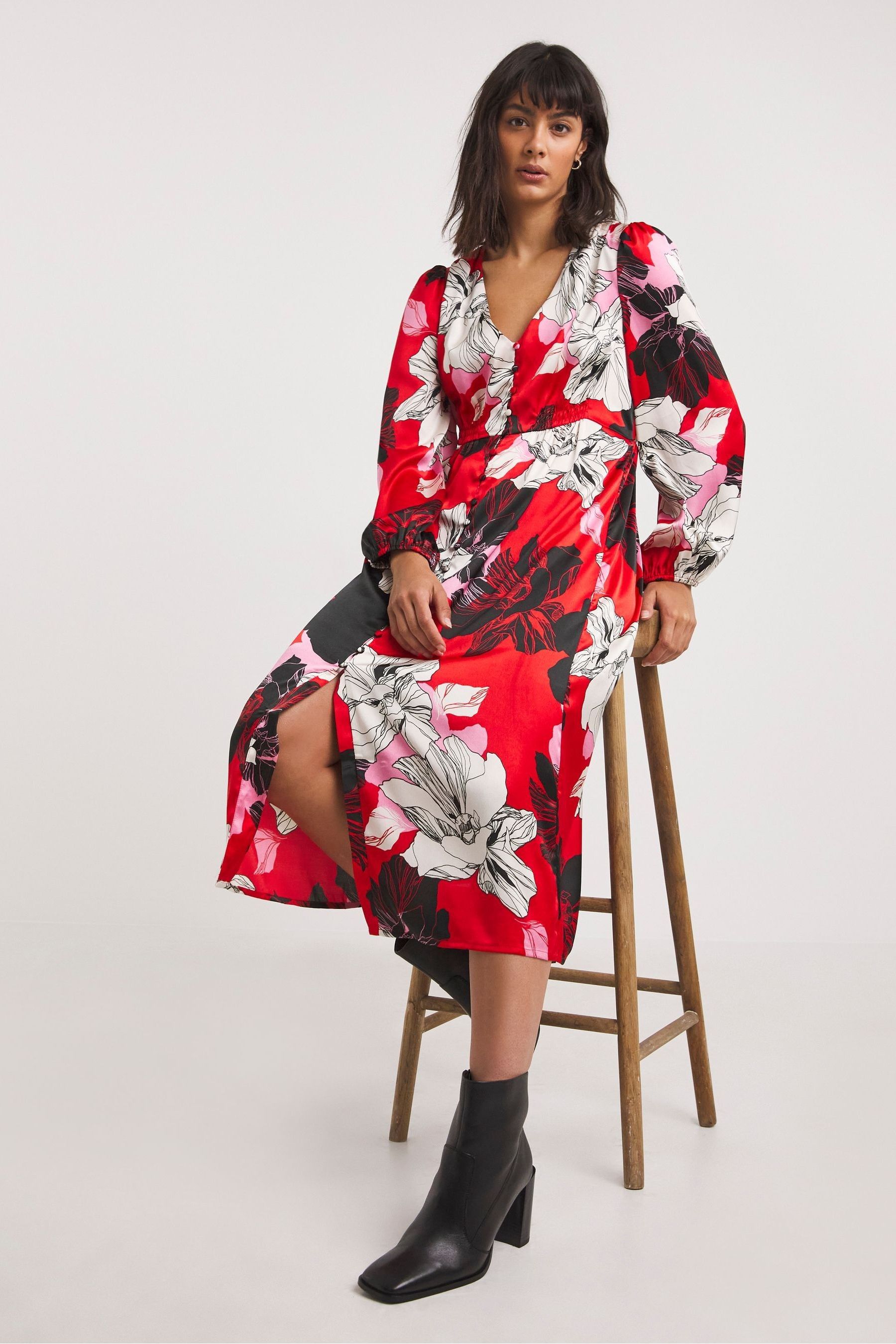 Buy JD Williams Red Floral Matte Satin Tea Dress from Next Ireland