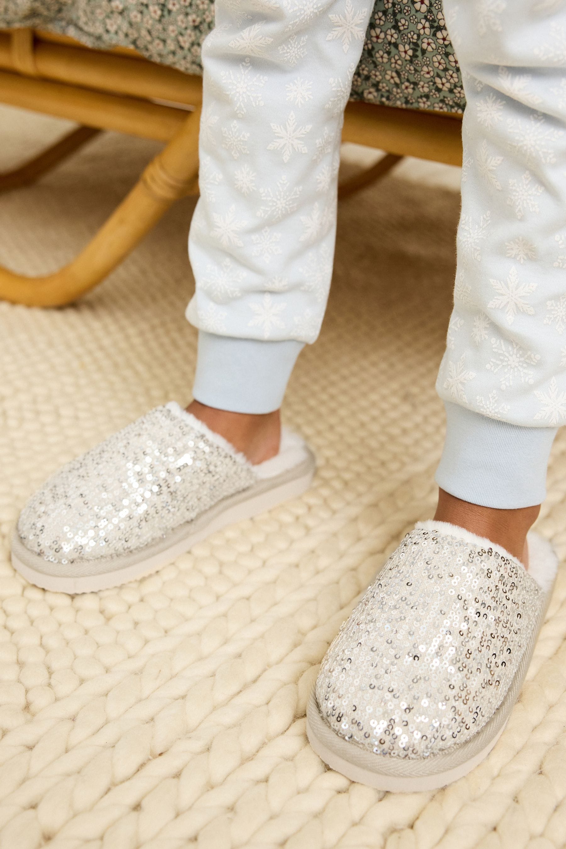 Buy Silver Sequin Faux Fur Lined Mule Slippers from Next Poland