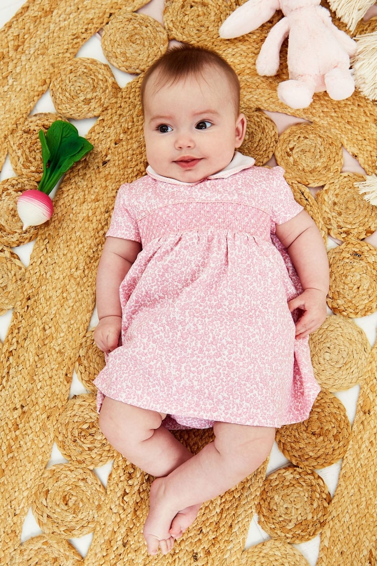 JoJo Maman Bébé Pink Ditsy Floral Smocked Jersey Dress - Image 1 of 5