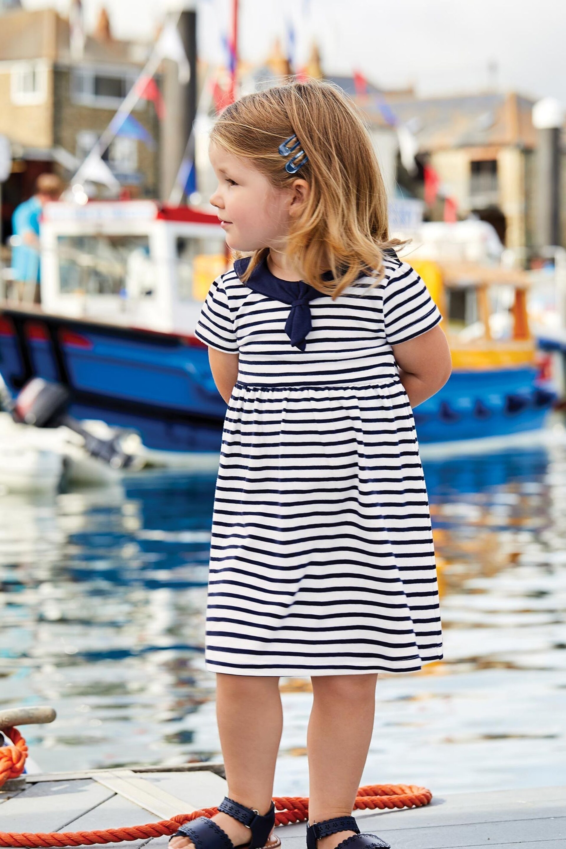 JoJo Maman Bébé White Navy Stripe Short Sleeve Sailor Jersey Dress - Image 2 of 5