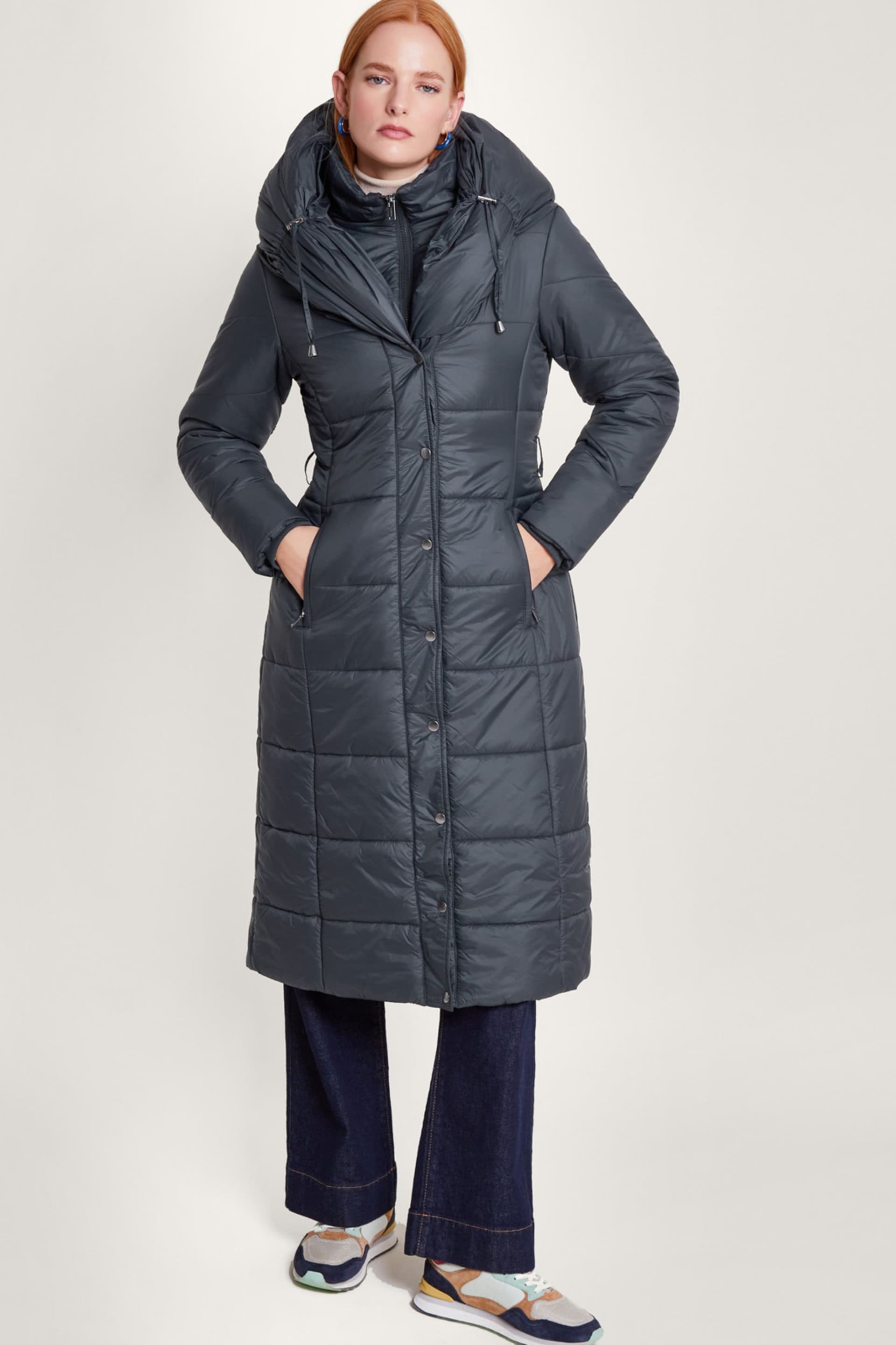 Monsoon Blue Sorena Belted Padded Midi Coat In Polyester - Image 3 of 5