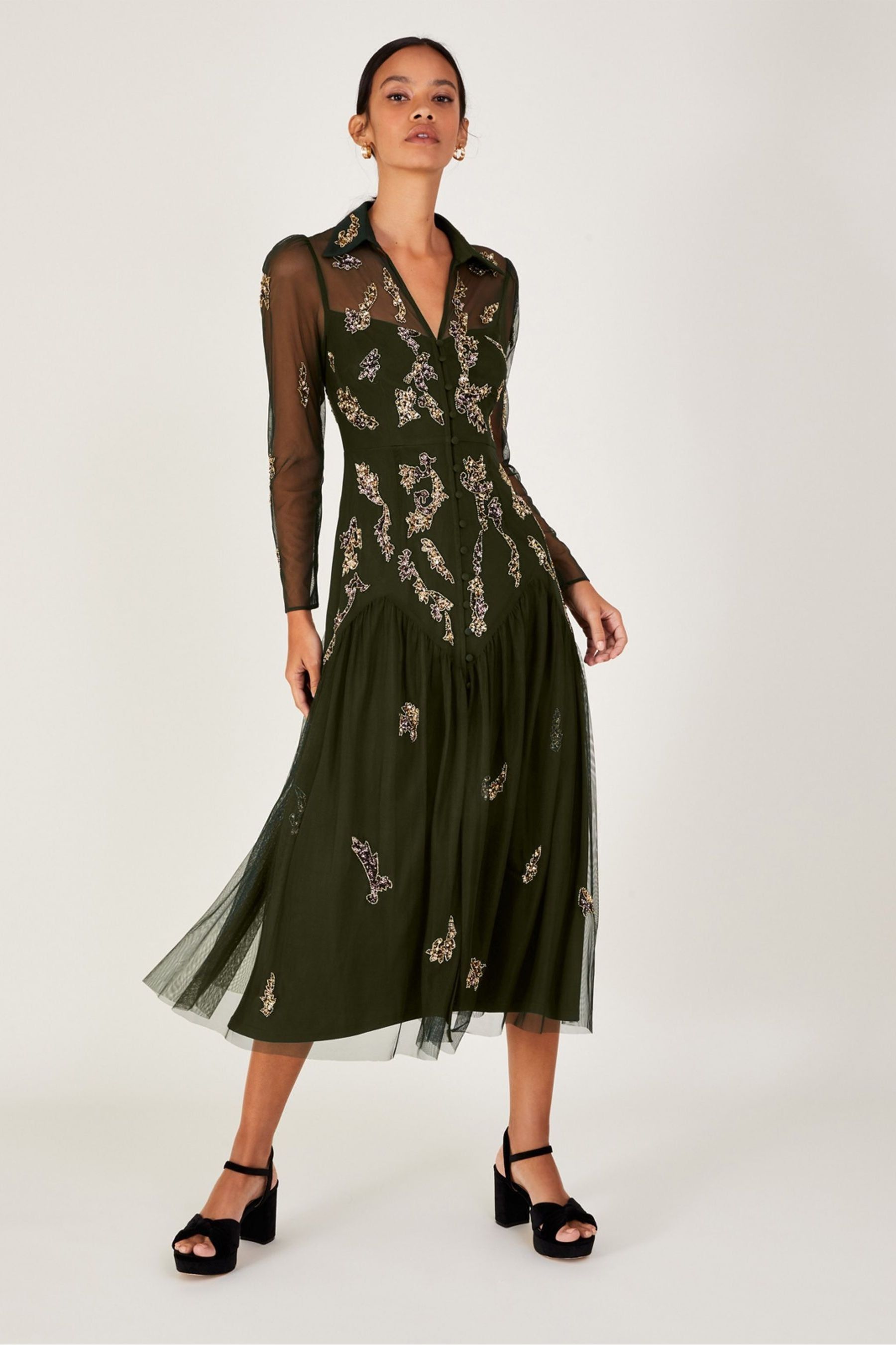 Buy Monsoon Green Gina Embellished Shirt Dress With Recycled Polyester from Next Luxembourg