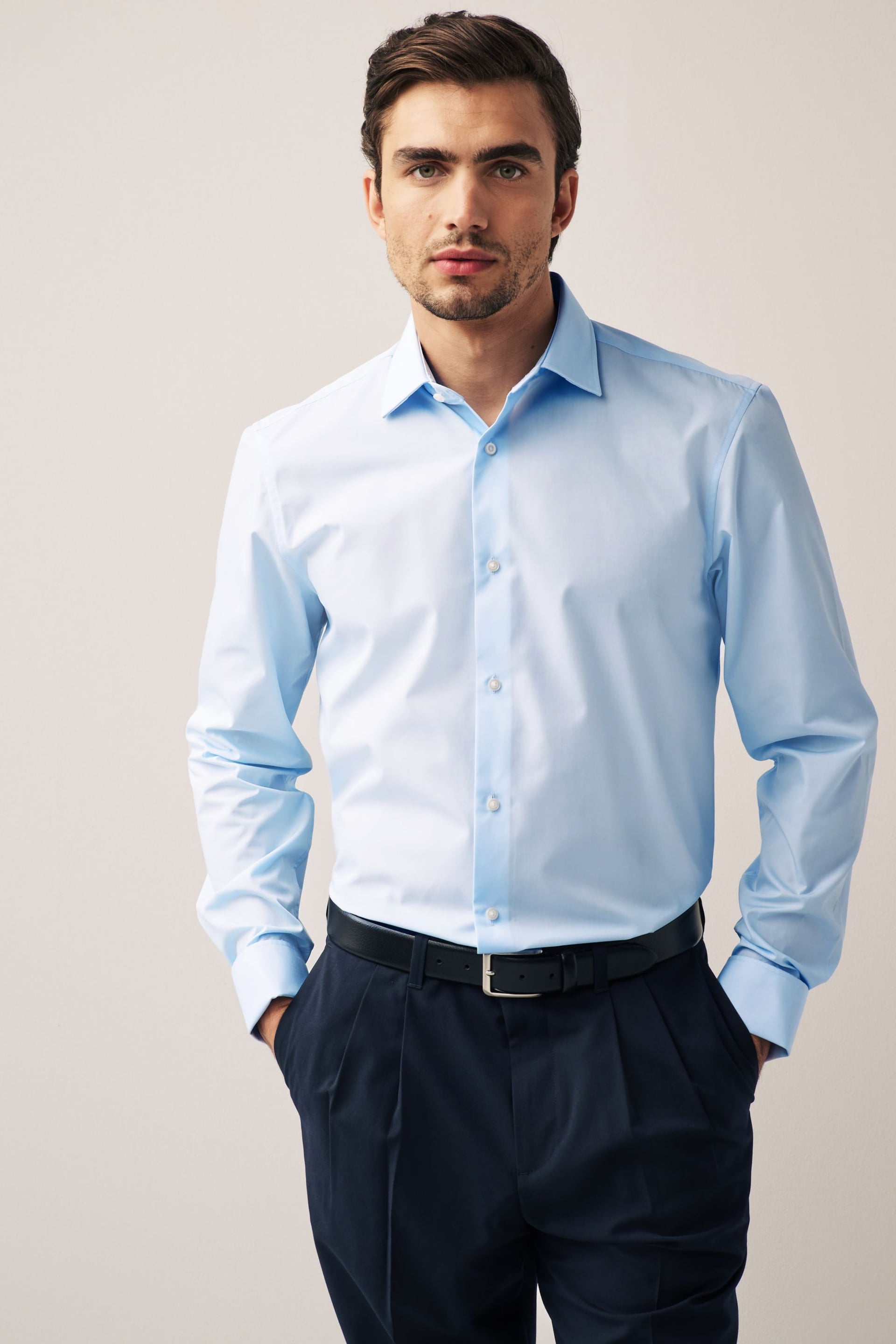 Light Blue Regular Fit Easy Care Double Cuff Shirt - Image 1 of 7