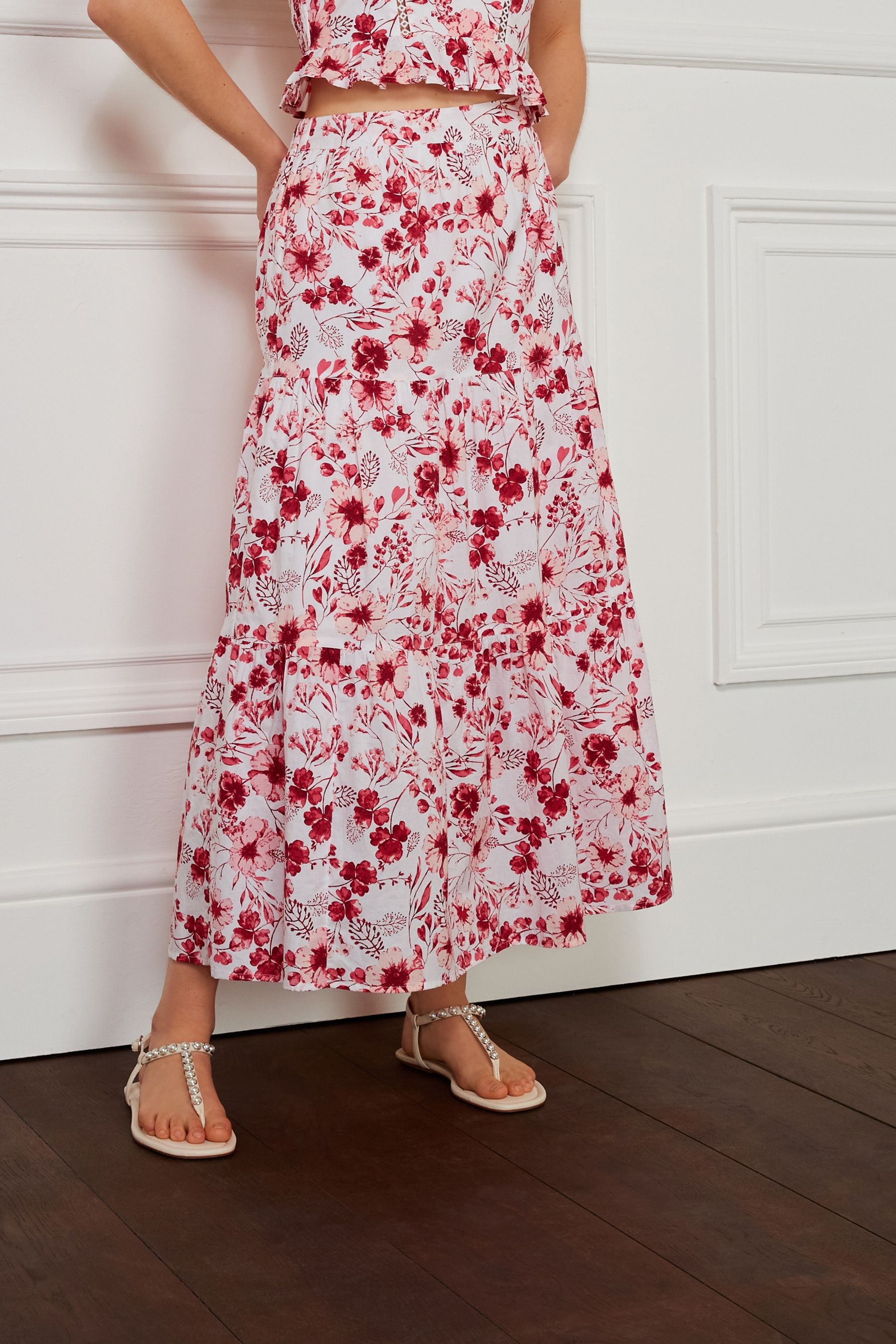 Buy Red Floral Midi Tiered Skirt from Next Luxembourg