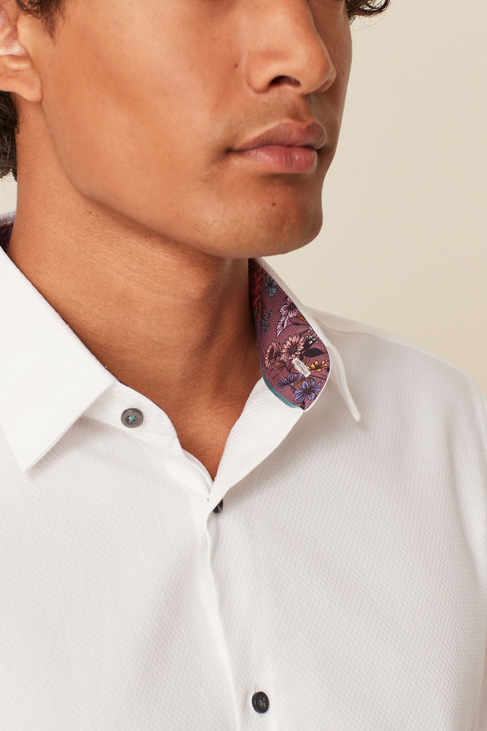 White Slim Fit Cotton Textured Trimmed Single Cuff Shirt - Image 1 of 8