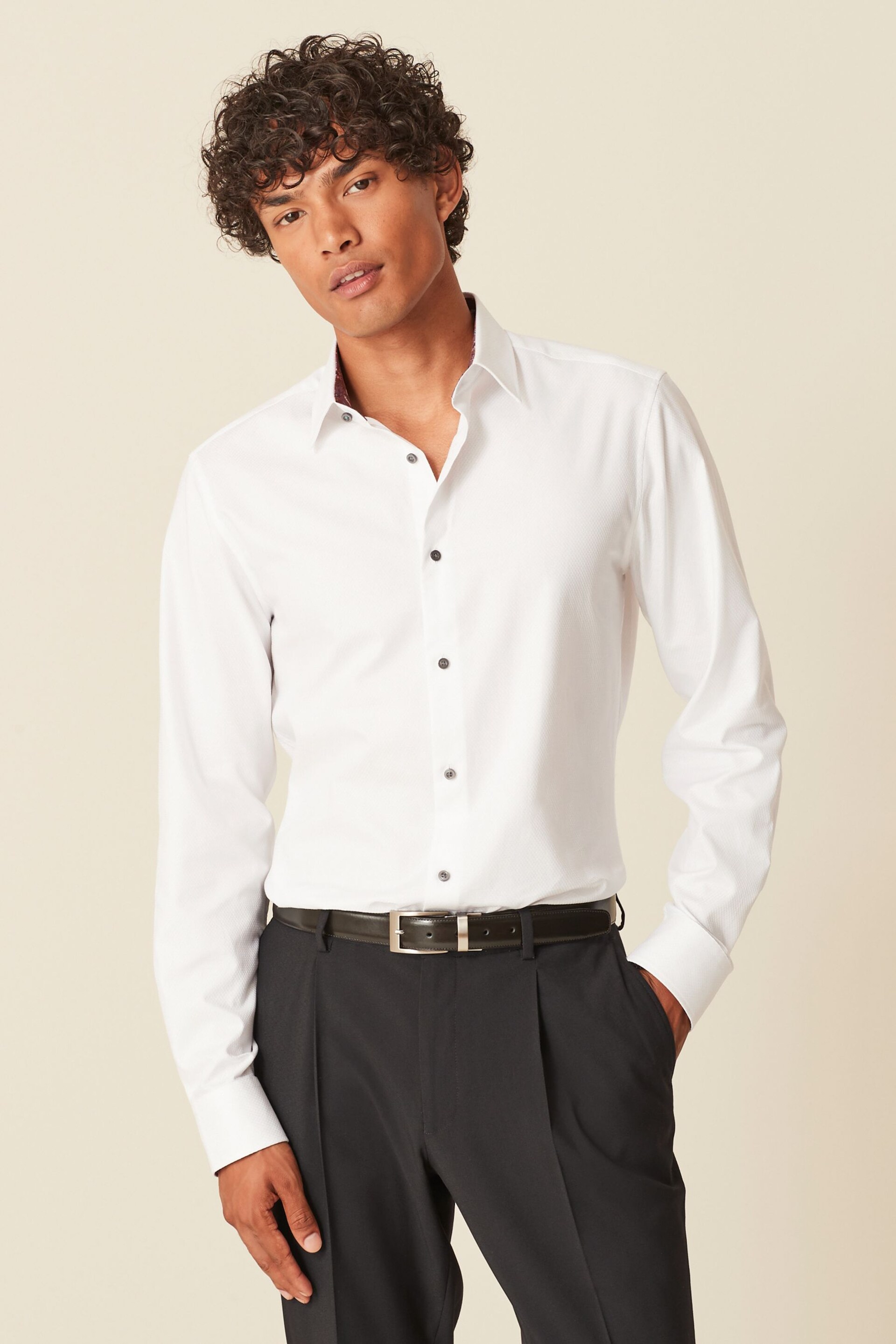 White Slim Fit Cotton Textured Trimmed Single Cuff Shirt - Image 2 of 8