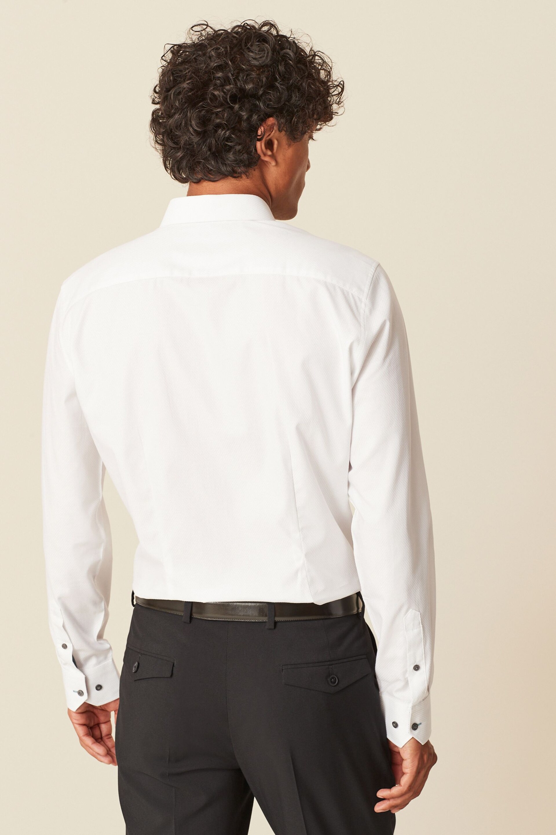 White Slim Fit Cotton Textured Trimmed Single Cuff Shirt - Image 3 of 8