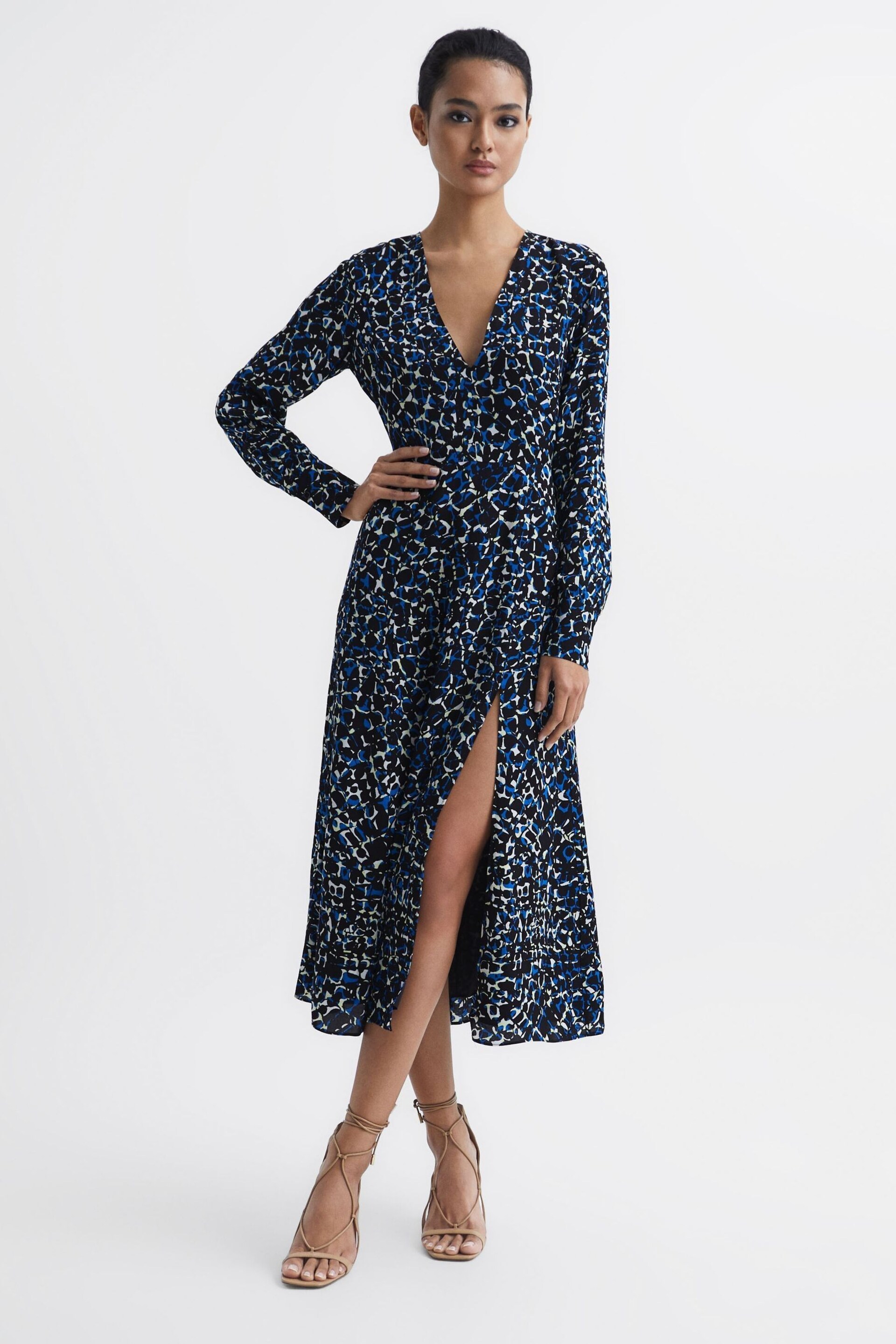 Reiss Navy/Blue Greta Long Sleeve Printed Midi Dress - Image 1 of 7