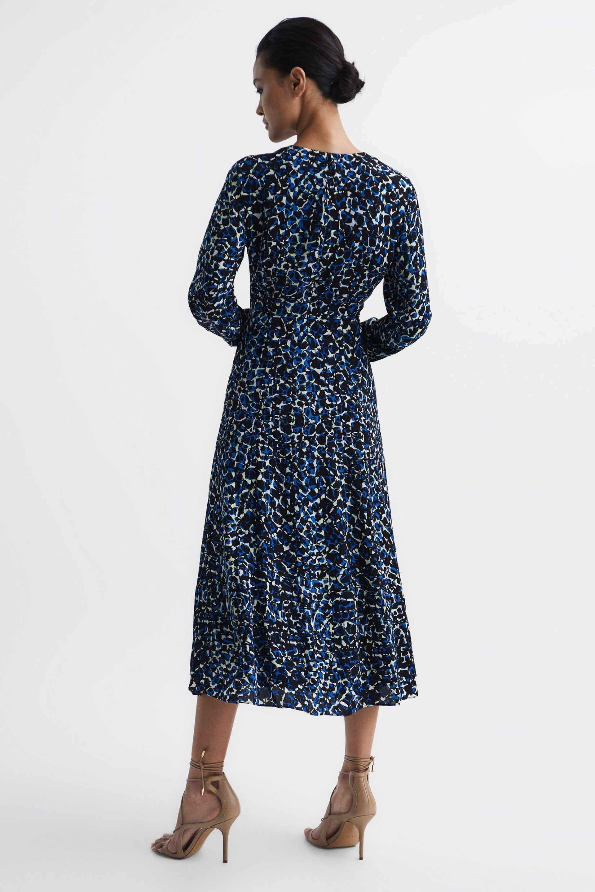 Reiss Navy/Blue Greta Long Sleeve Printed Midi Dress - Image 5 of 7