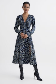 Reiss Navy/Blue Greta Long Sleeve Printed Midi Dress - Image 6 of 7