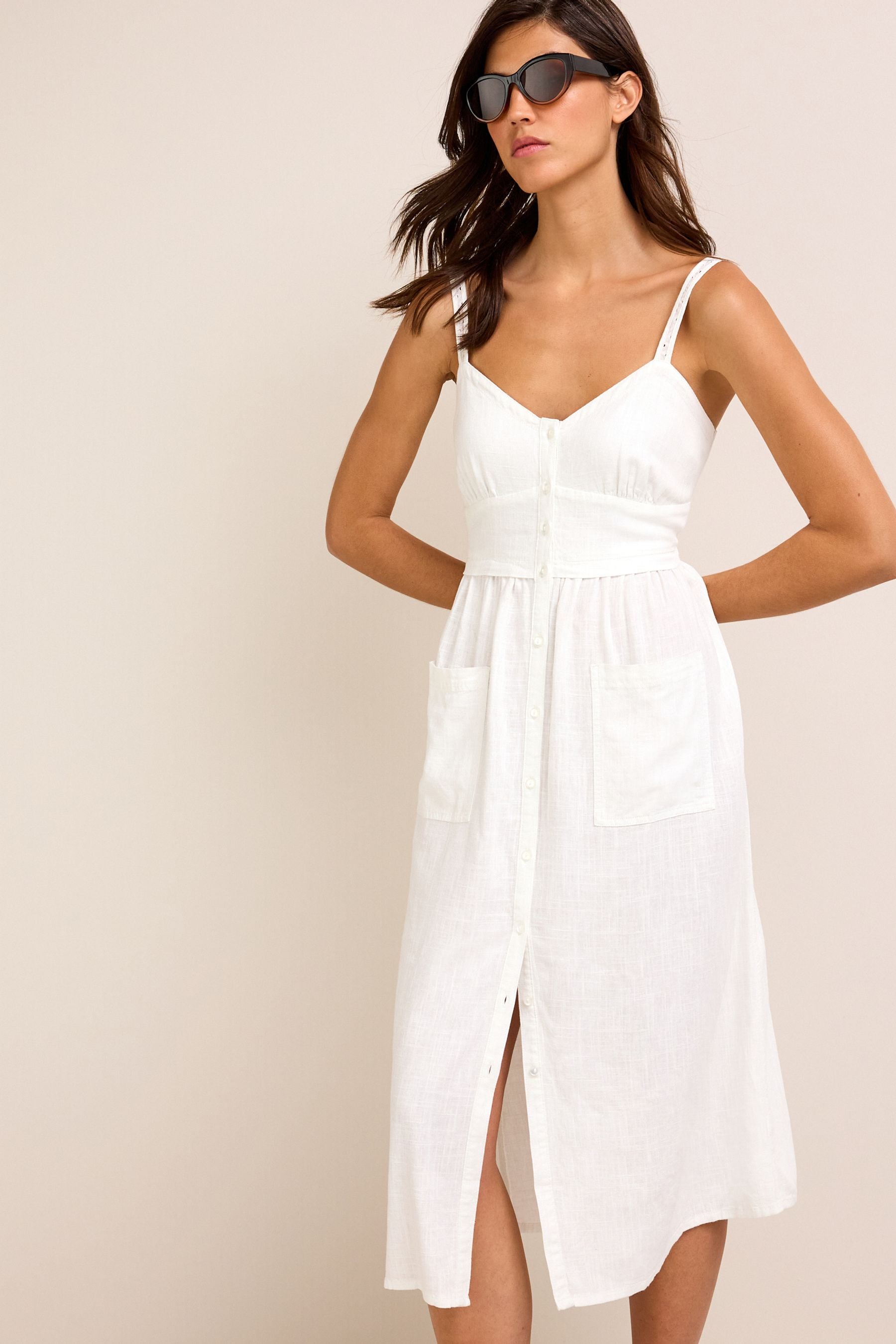 Buy White Strappy Linen Blend Midi Dress from Next Luxembourg