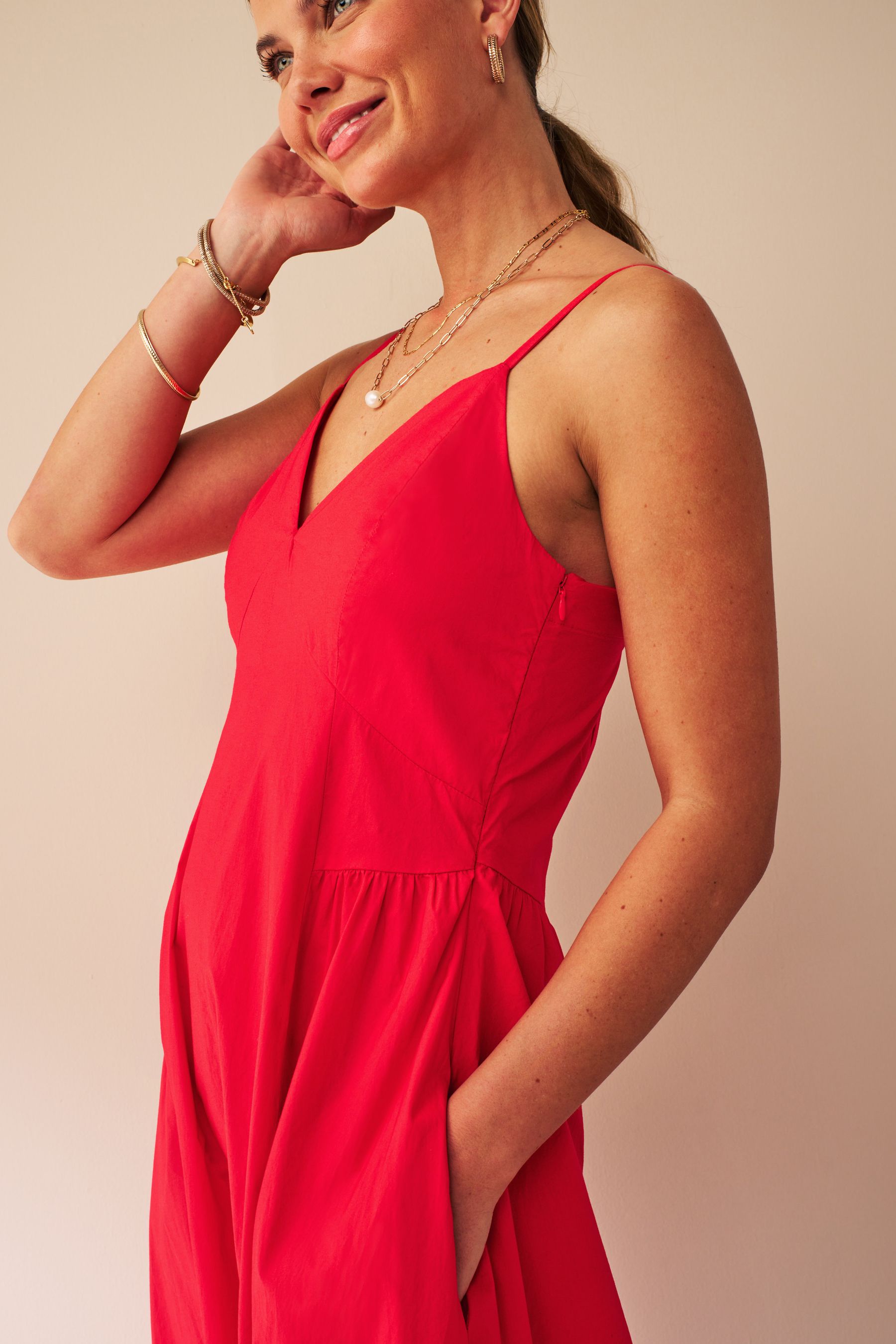 Buy Red Strappy Waisted 100 Cotton Midi Dress from Next Luxembourg