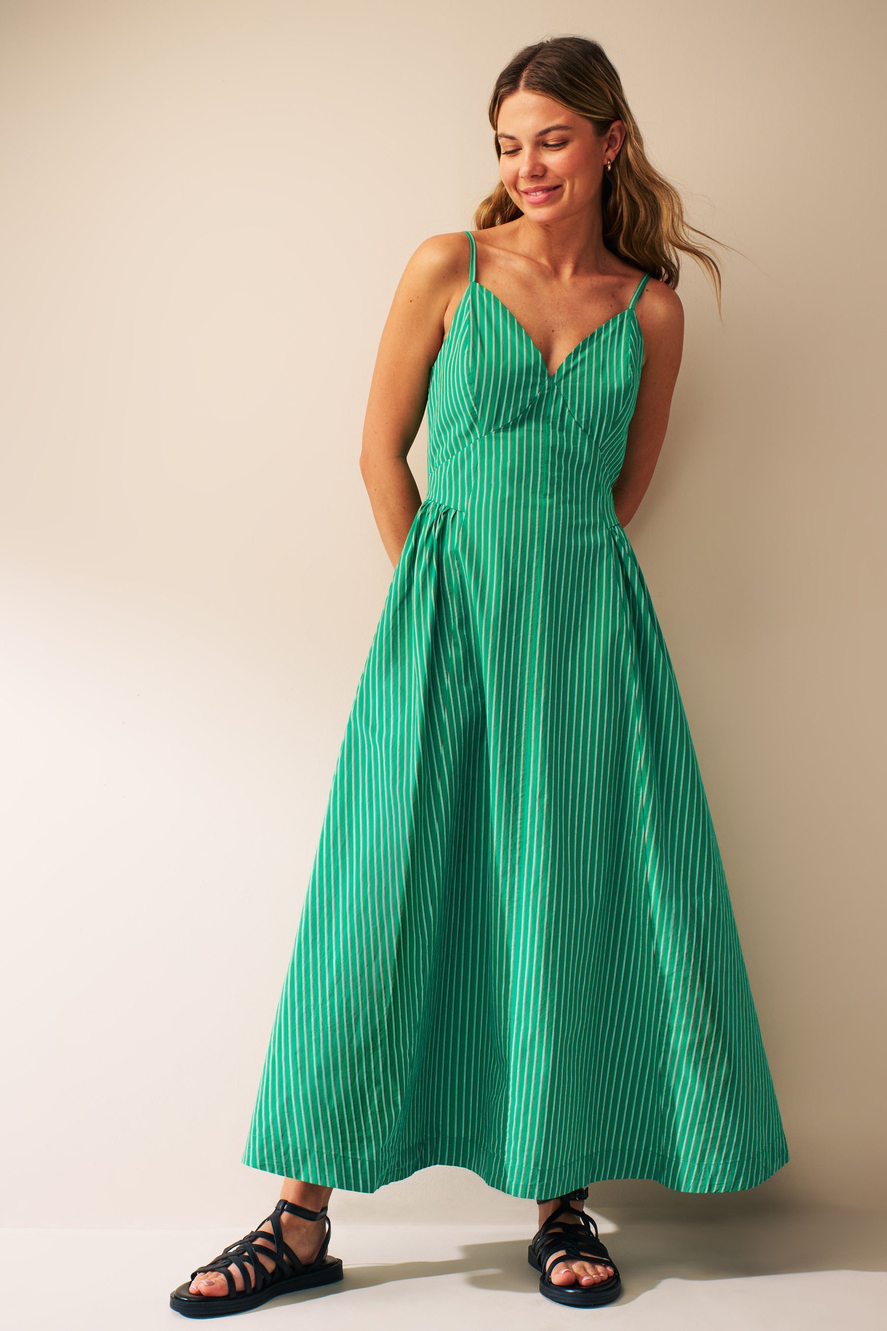 Buy Green Red Stripe Strappy Waisted 100 Cotton Midi Dress from Next Luxembourg
