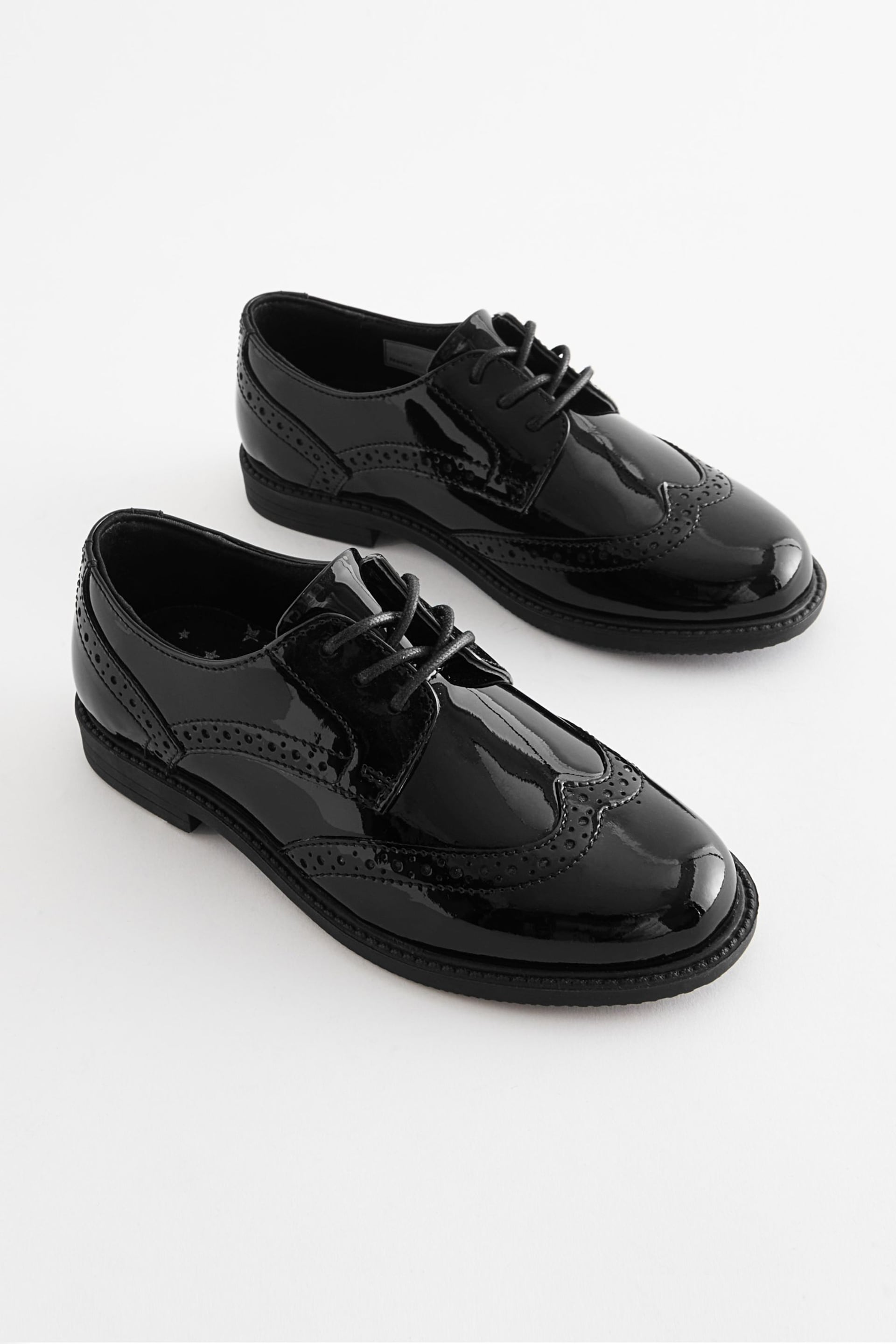 Black Patent School Lace-Up Brogue Detail Shoes - Image 1 of 6