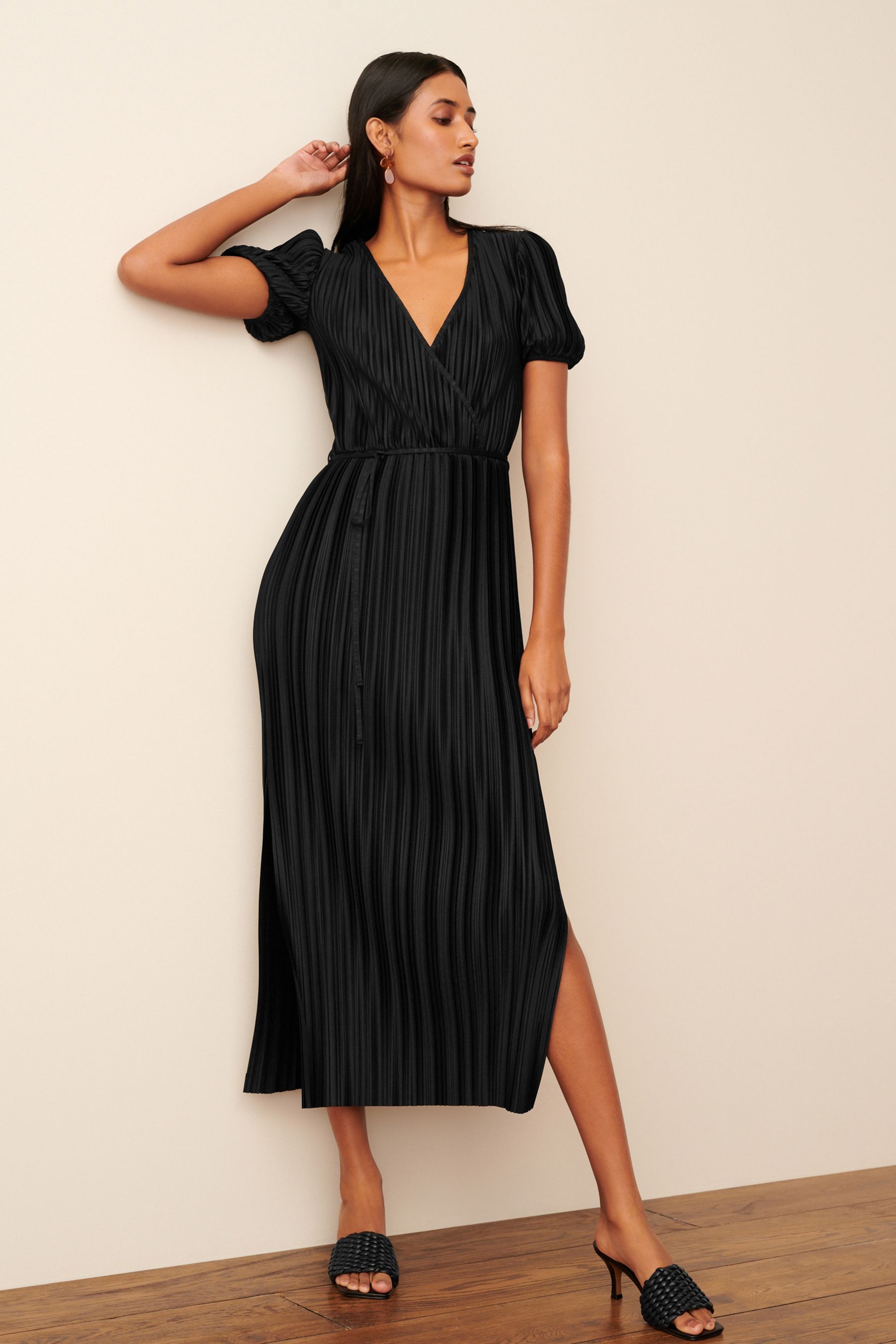 Buy Black Short Sleeve Plisse Dress from Next Luxembourg