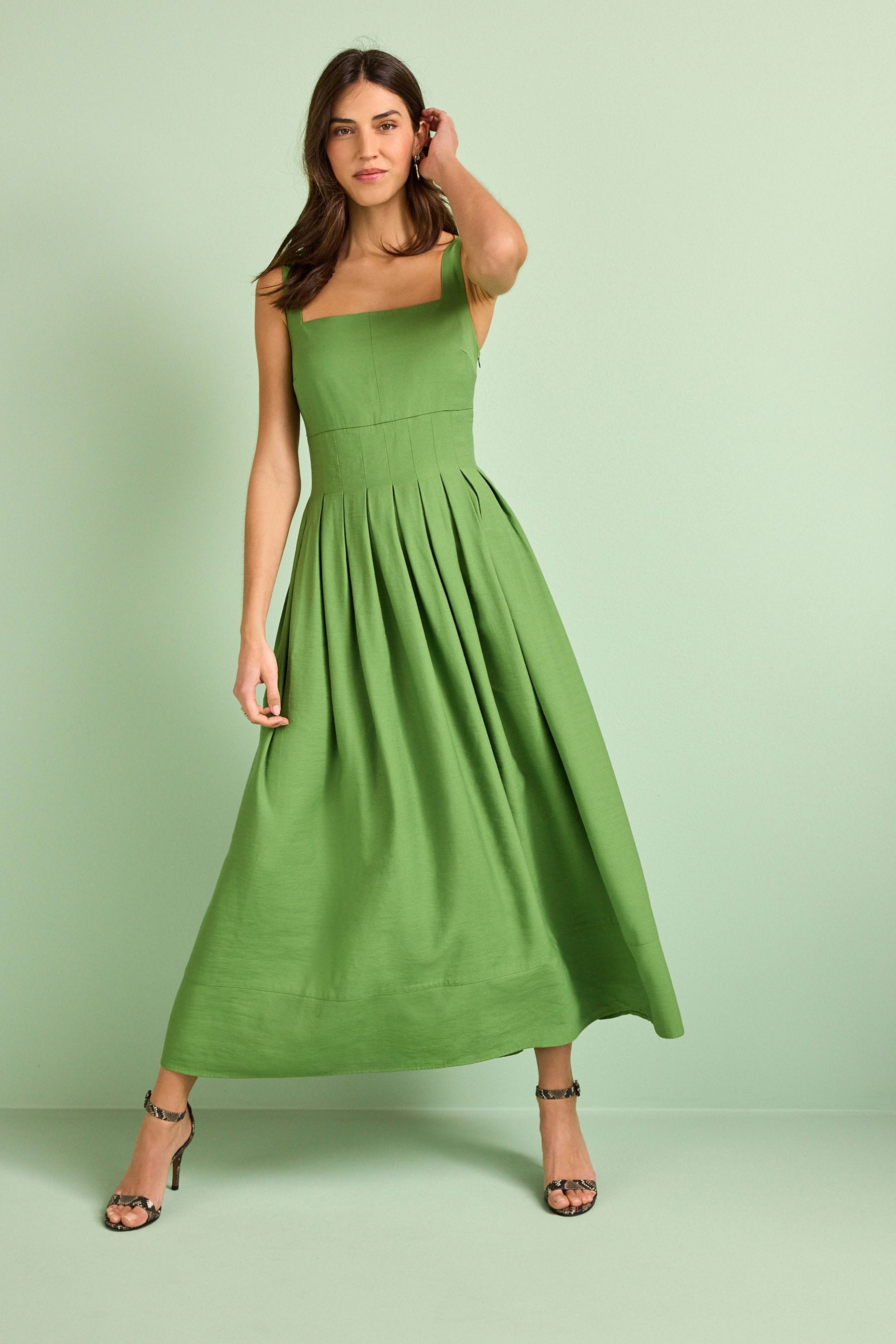 Green pleated midi dress clearance