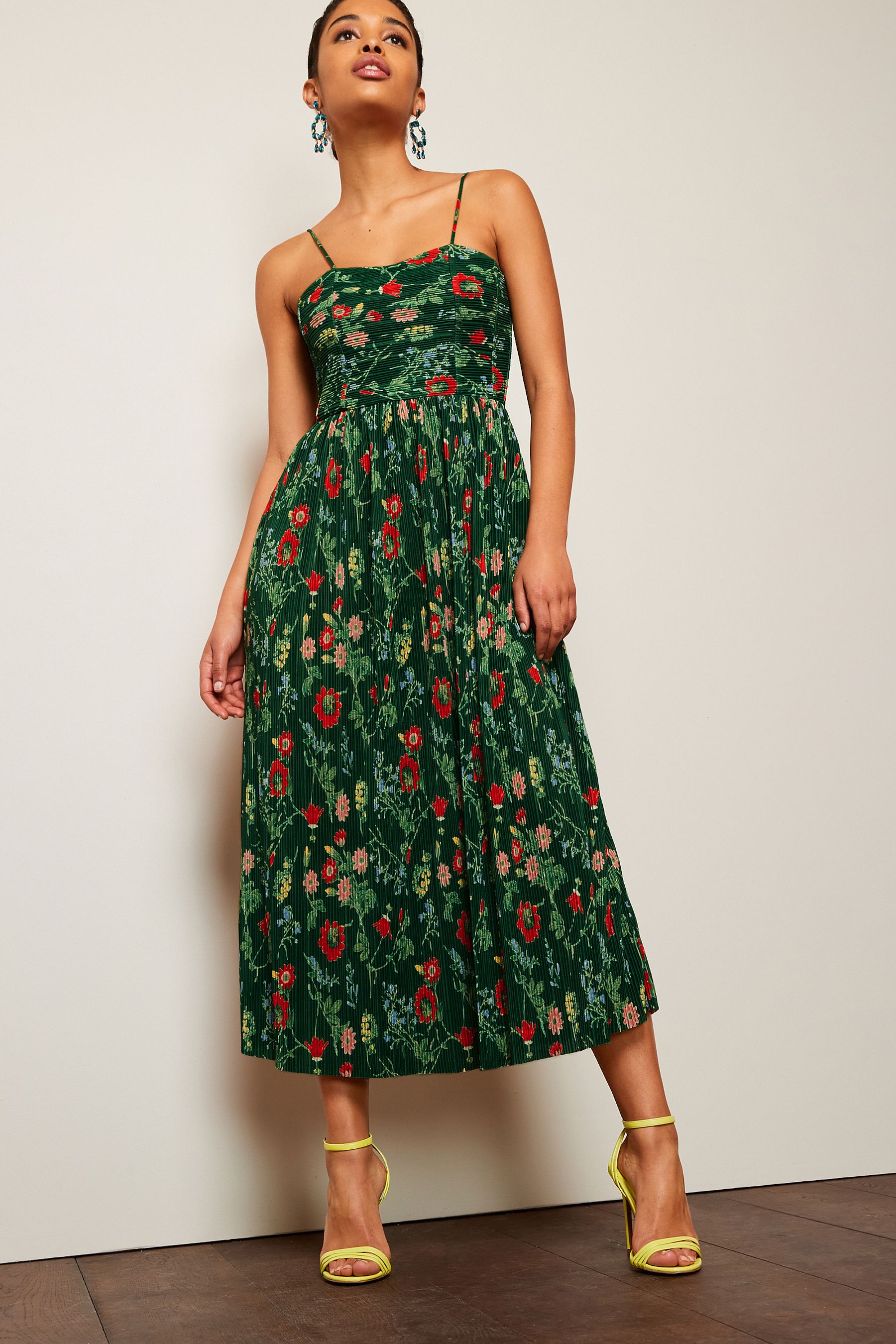 Buy Green Floral Plisse Strappy Corset Midi Dress from Next Luxembourg