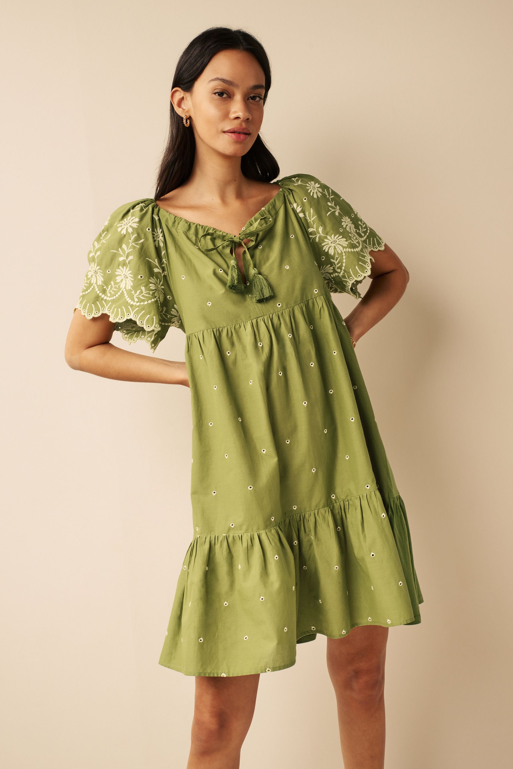 Embroidered full skirt mini dress hotsell