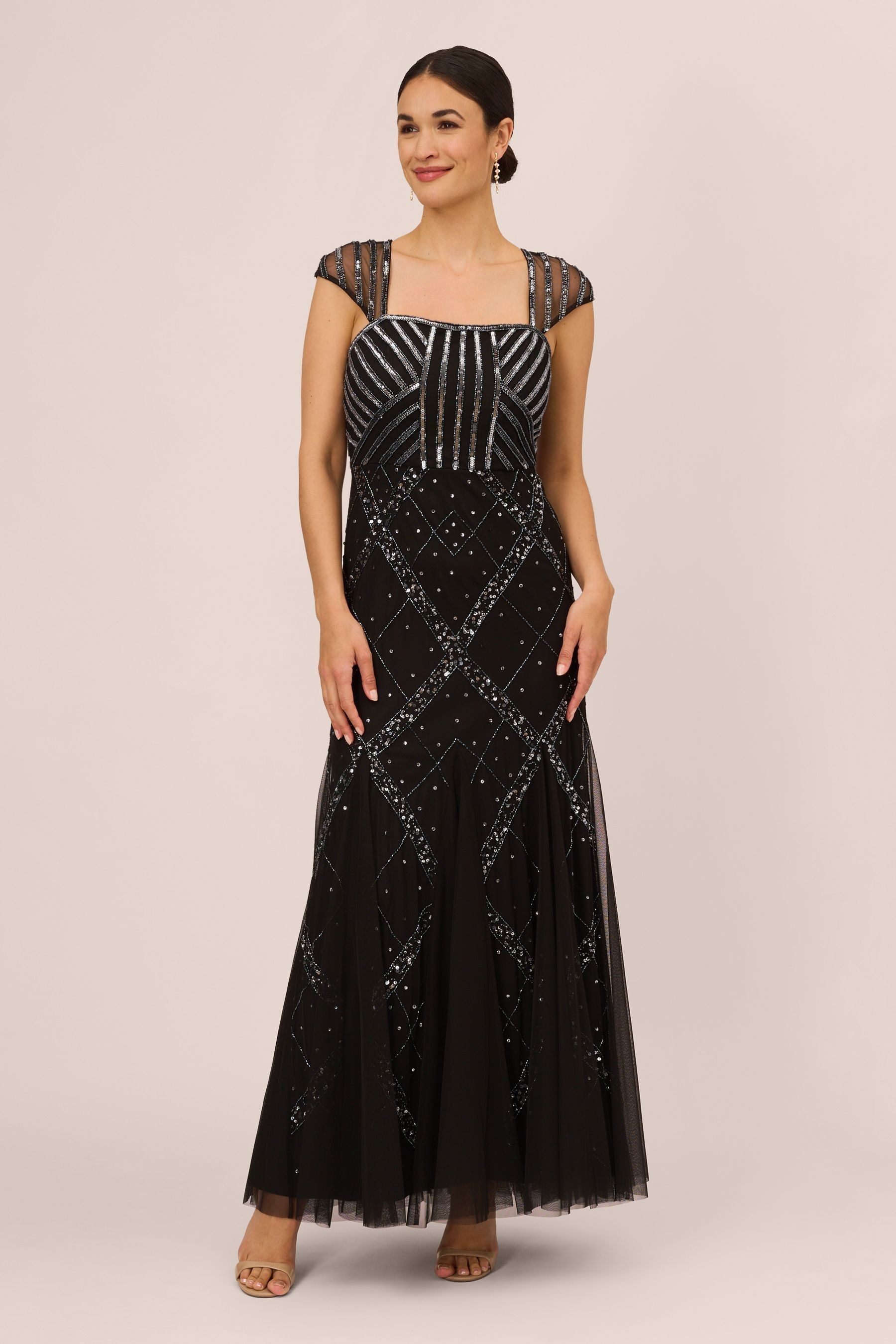Adrianna papell long beaded dress with cap sleeves 2025