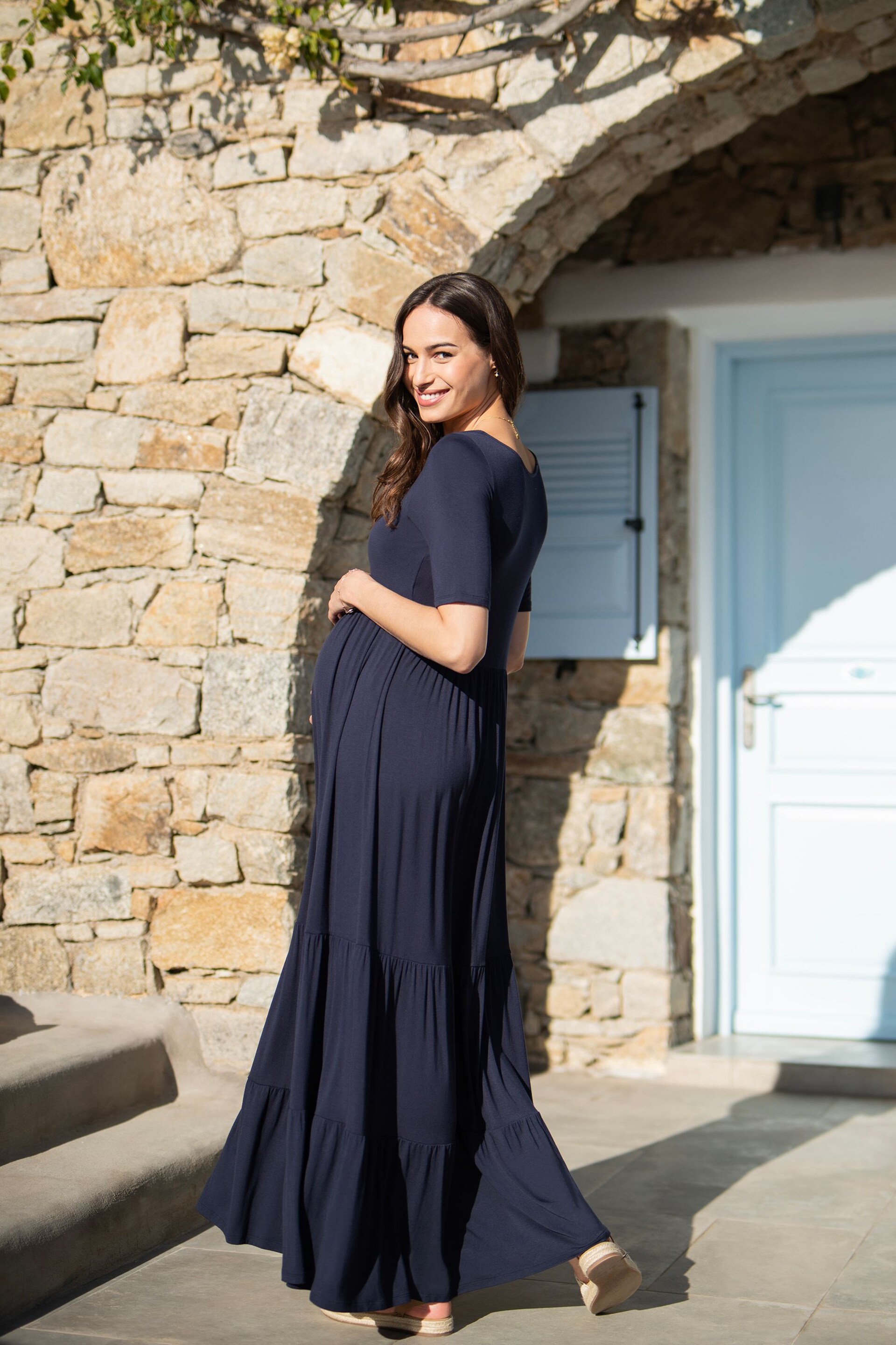 Seraphine Blue Tiered Maxi Dress With Nursing Access - Image 2 of 6