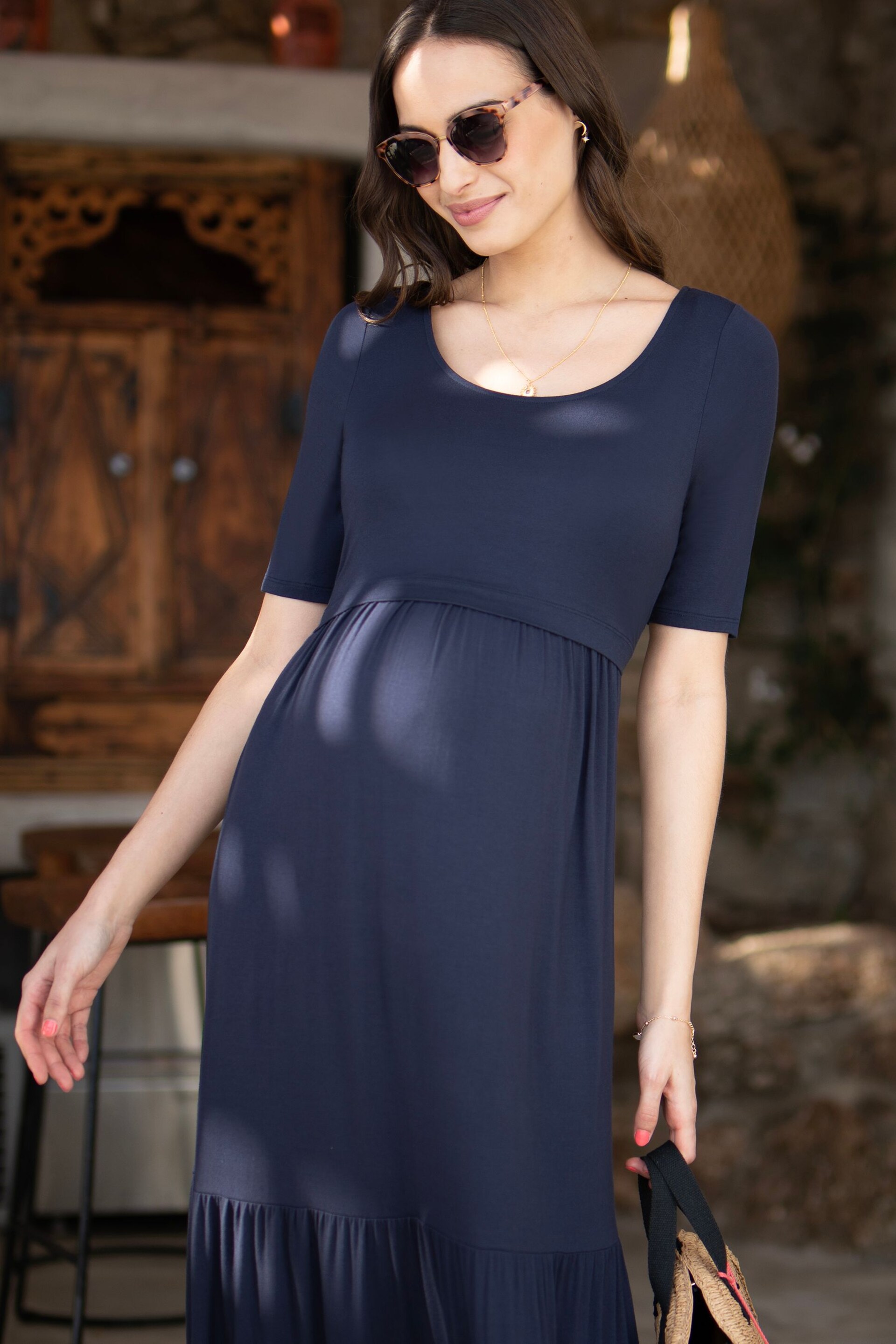 Seraphine Blue Tiered Maxi Dress With Nursing Access - Image 3 of 6