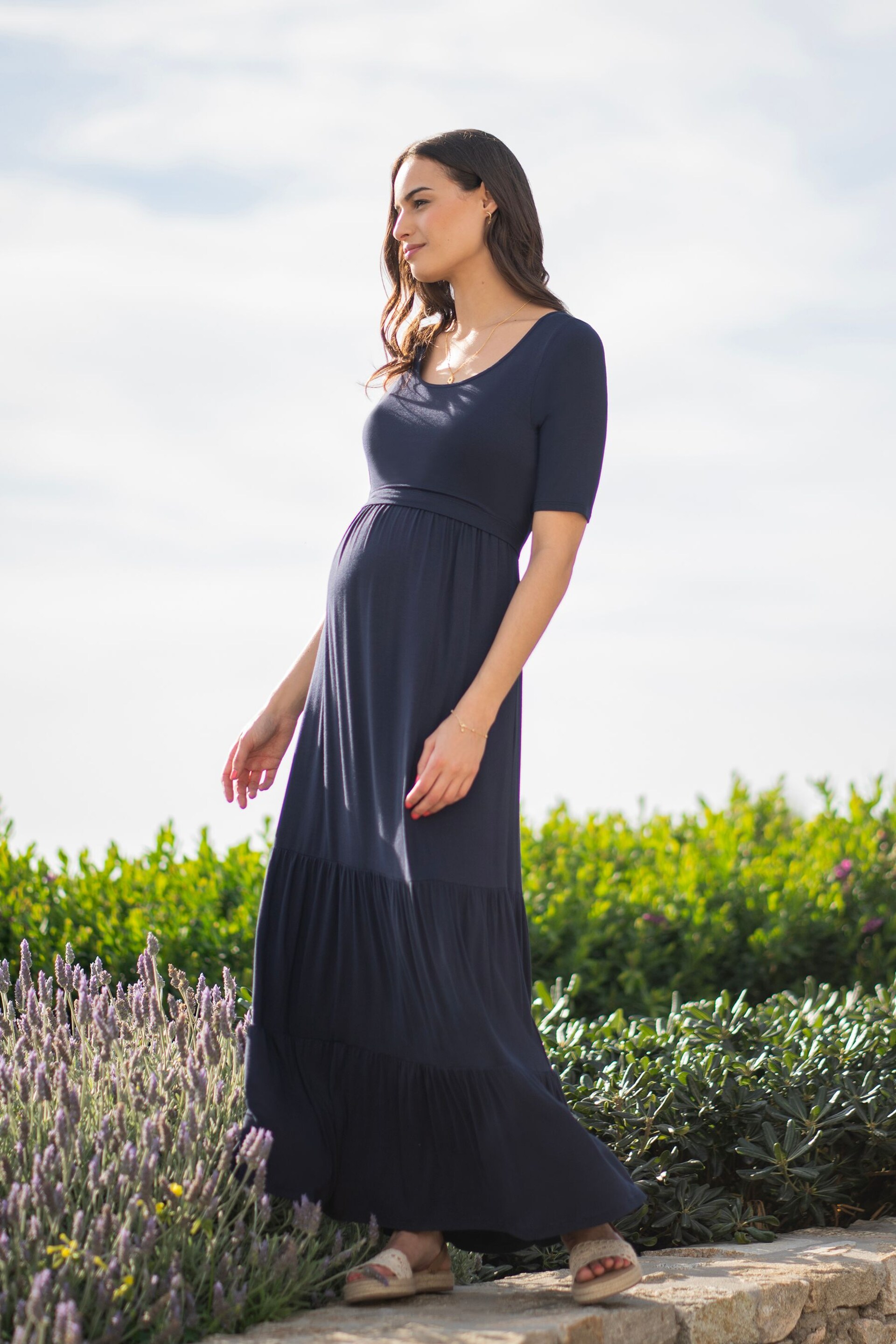 Seraphine Blue Tiered Maxi Dress With Nursing Access - Image 5 of 6