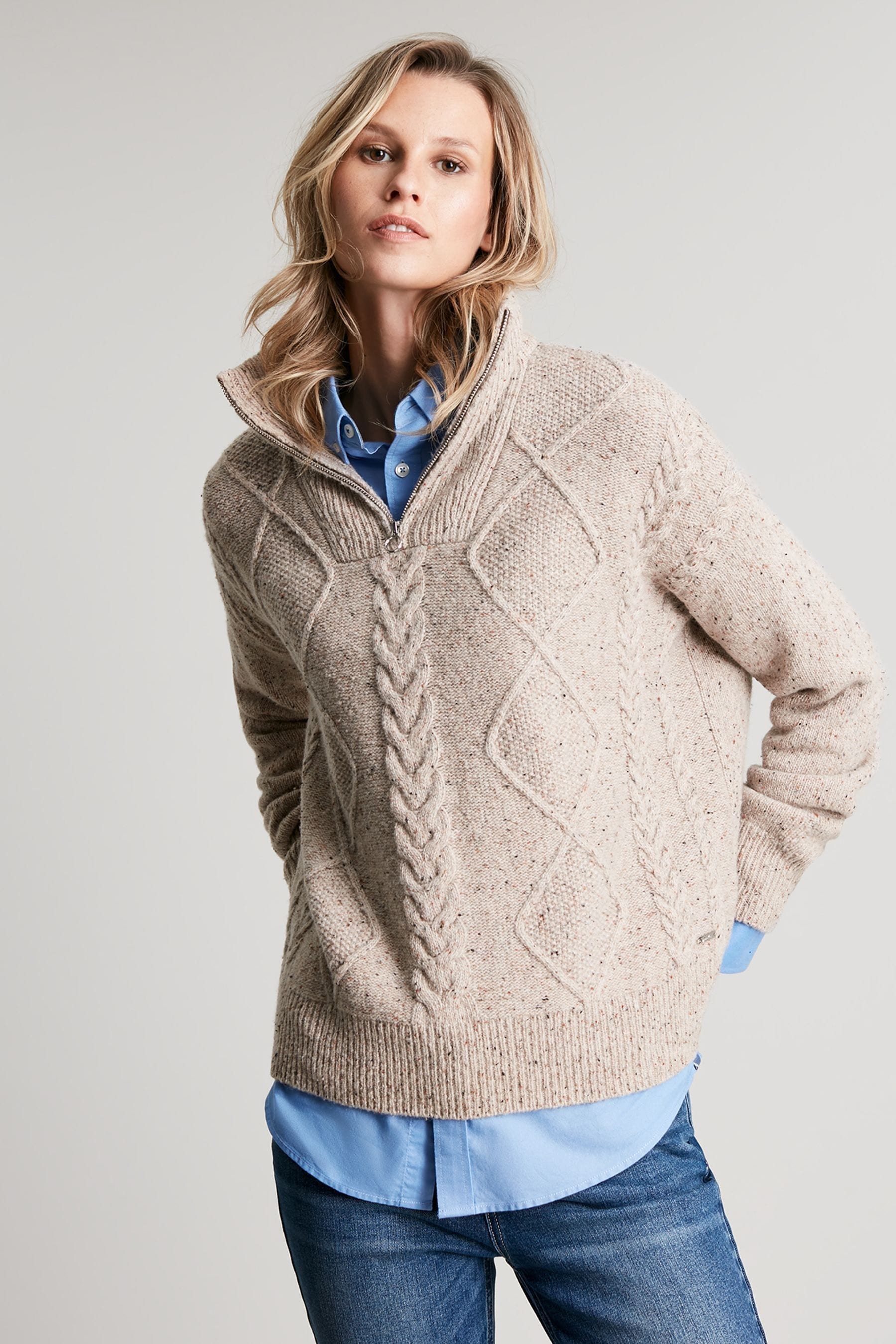 Buy Joules Esme Brown Cable Knit Quarter Zip Jumper from Next Luxembourg