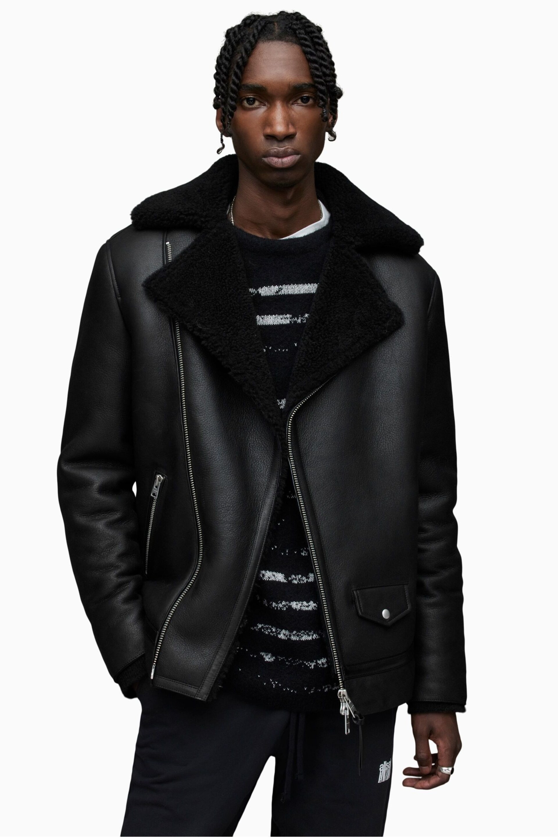 AllSaints Black Xander Shearling Jacket - Image 1 of 7