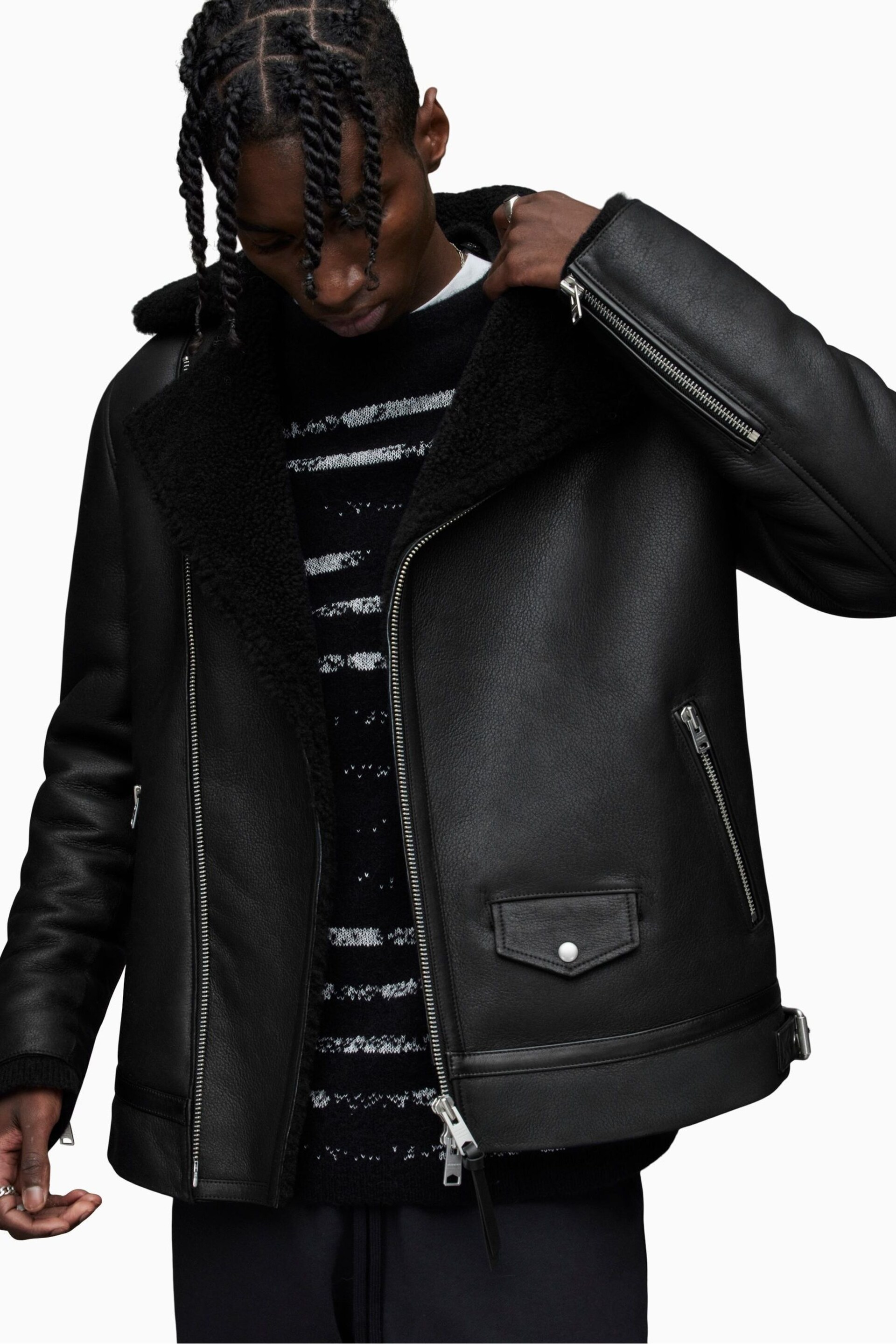 AllSaints Black Xander Shearling Jacket - Image 4 of 7