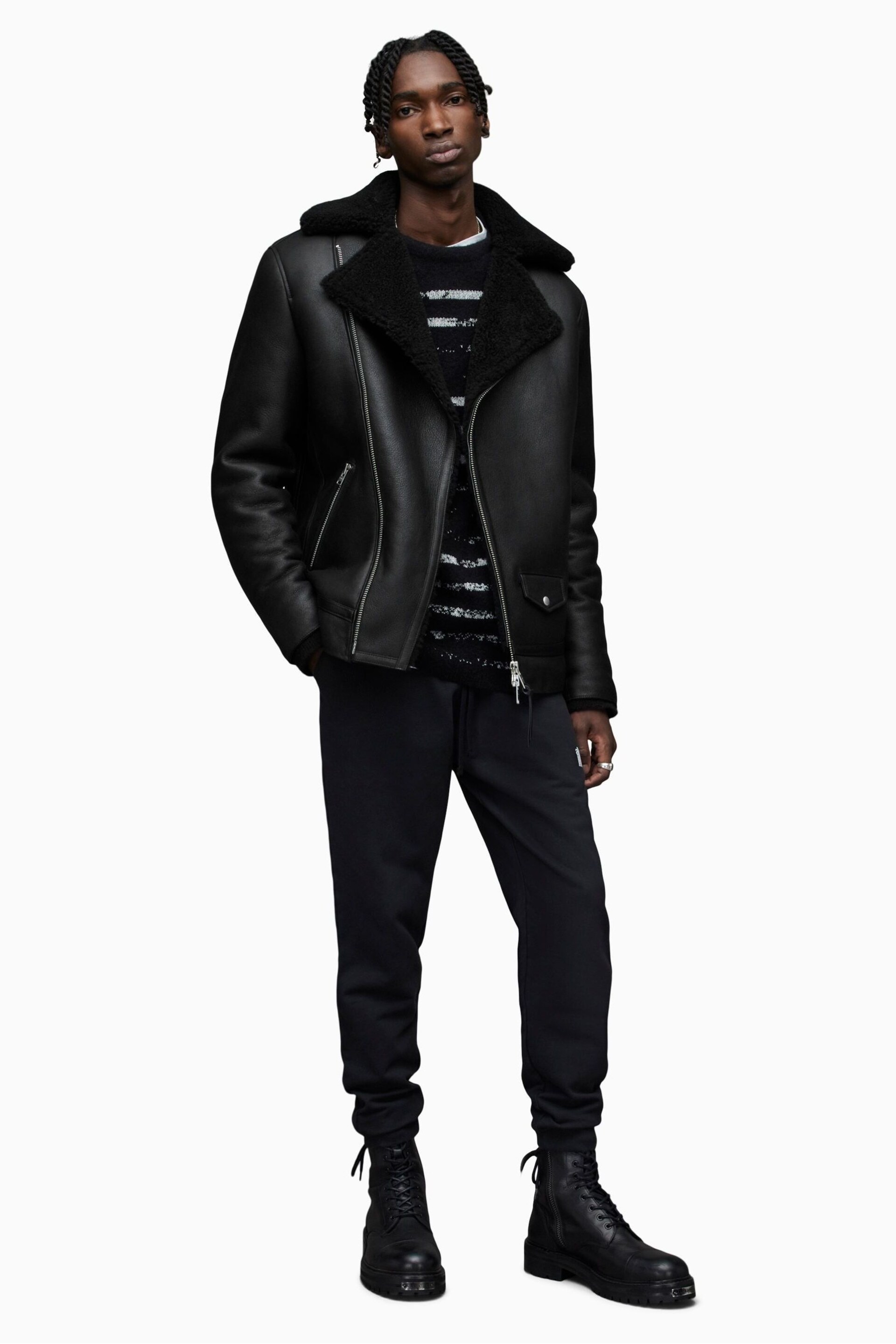 AllSaints Black Xander Shearling Jacket - Image 5 of 7