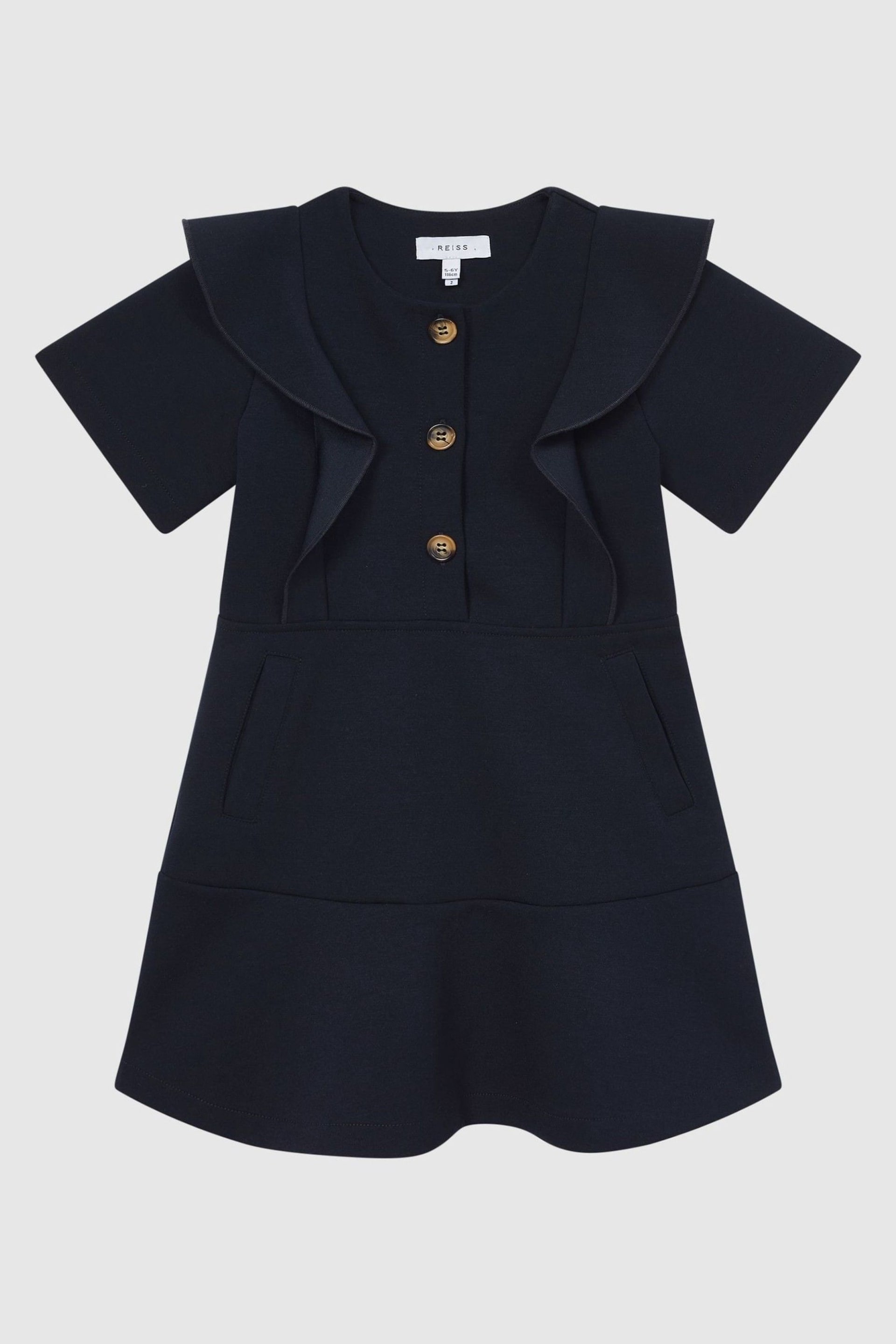 Reiss Navy Fearne Junior Ruffle Sleeve Button Dress - Image 2 of 7