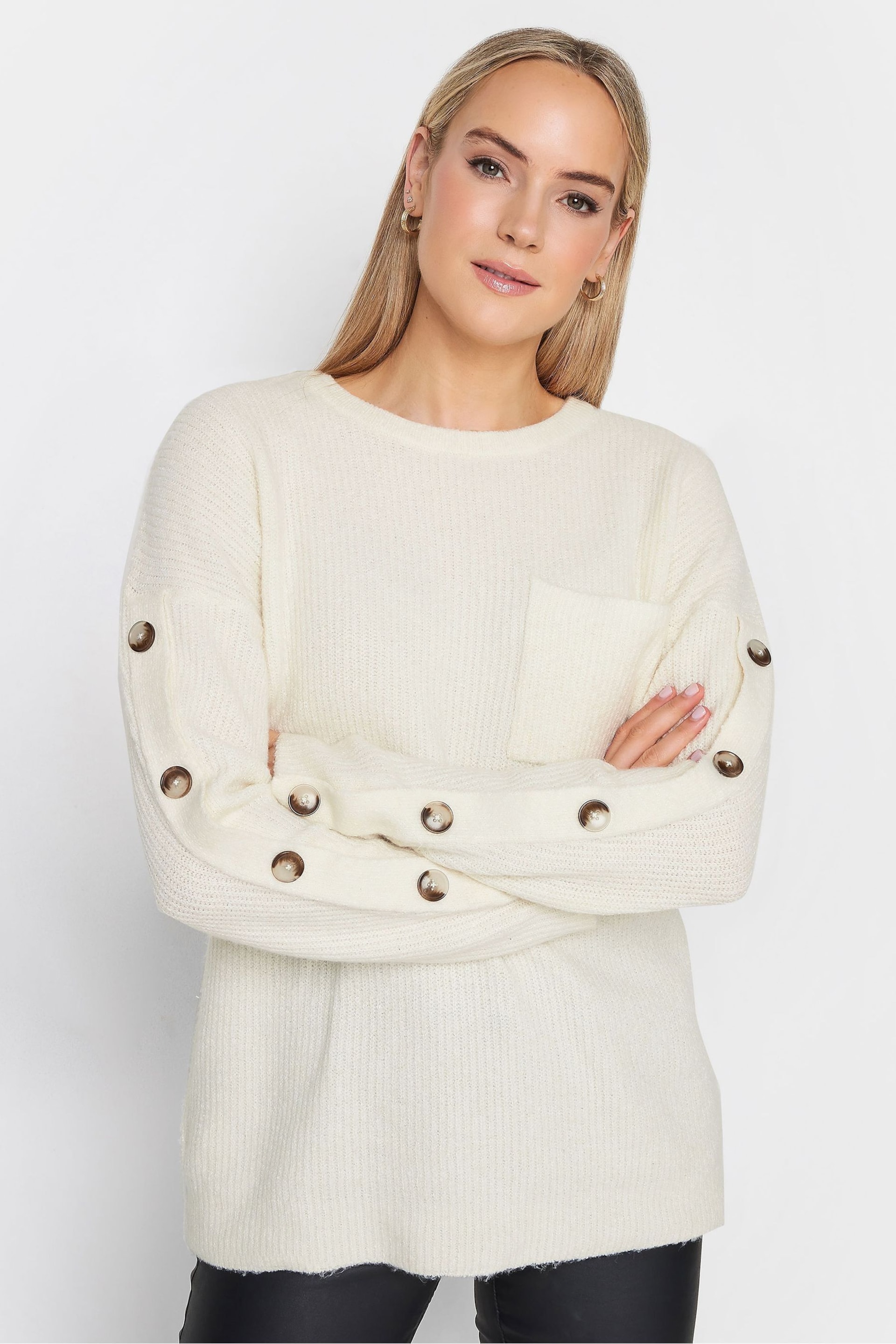 Long Tall Sally Cream Button Sleeve Jumper - Image 1 of 4