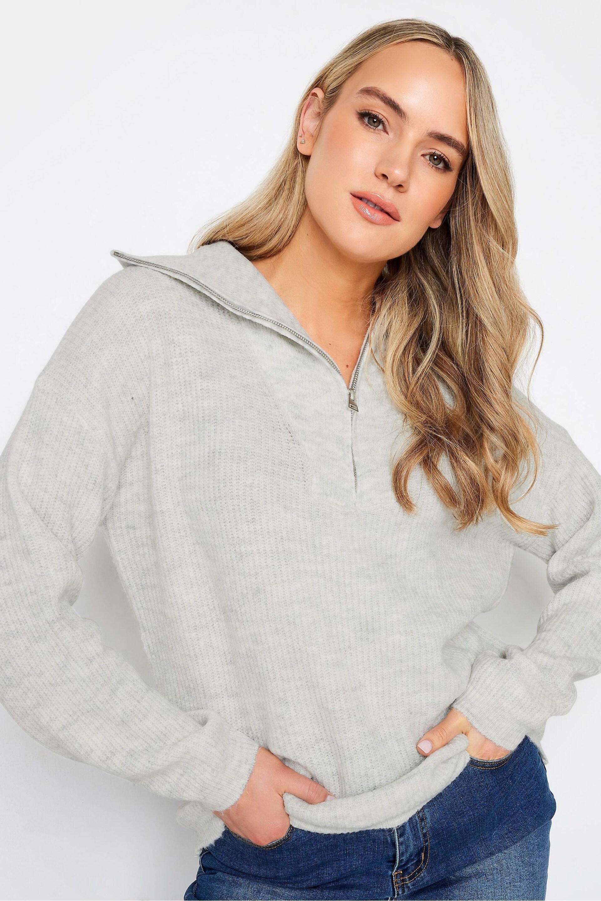 Long Tall Sally Grey Zip Funnel Neck Jumper - Image 1 of 5