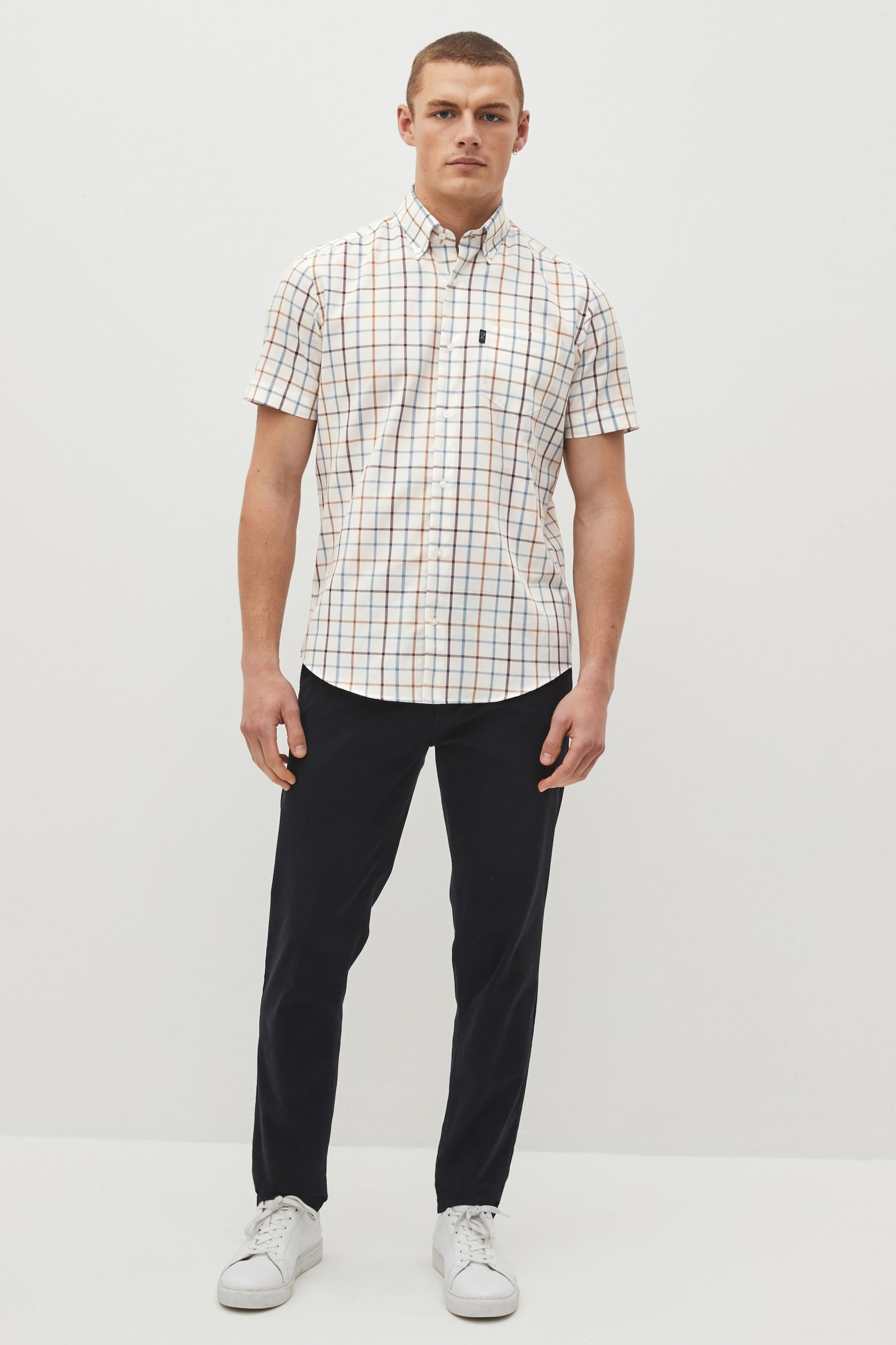 Cream/Blue Tattersall Check Easy Iron Button Down Oxford Shirt - Image 2 of 6