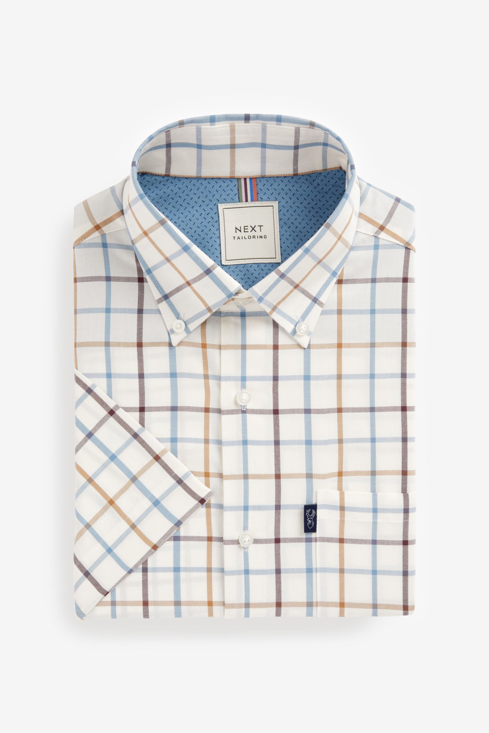Cream/Blue Tattersall Check Easy Iron Button Down Oxford Shirt - Image 4 of 6