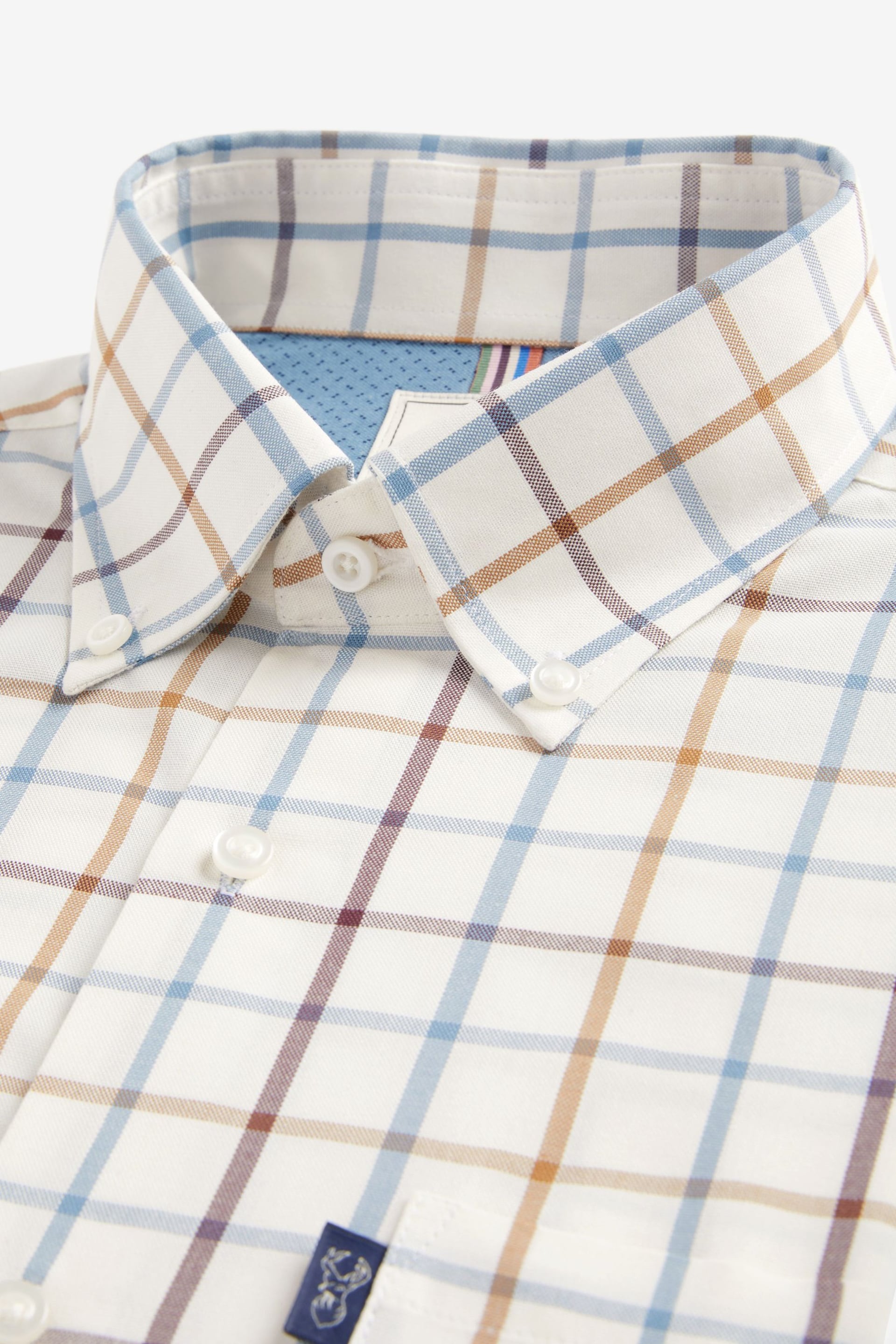 Cream/Blue Tattersall Check Easy Iron Button Down Oxford Shirt - Image 5 of 6