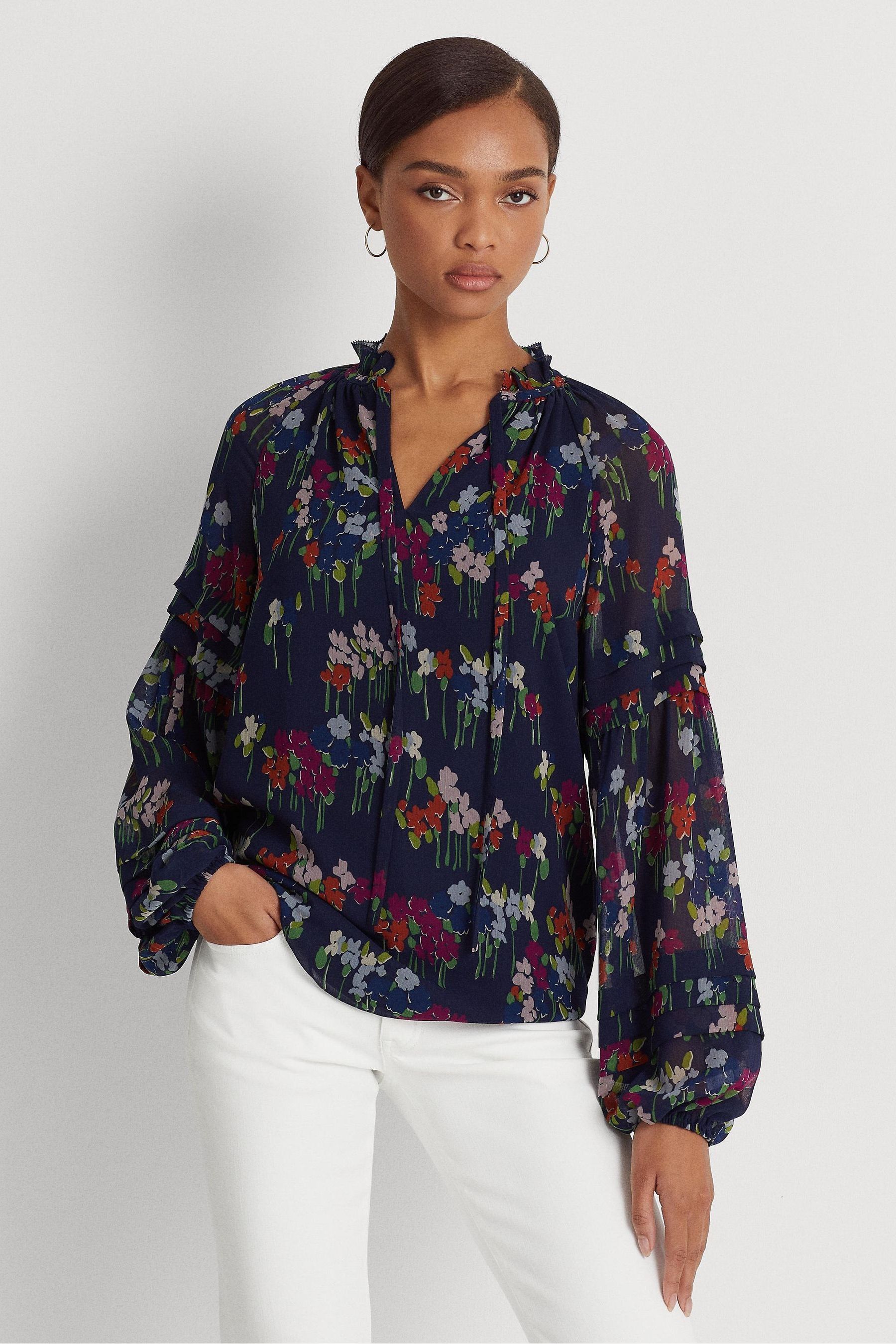 Buy Lauren Ralph Lauren Navy Blue Floral Jamyre Crinkle Georgette Blouse from Next Luxembourg