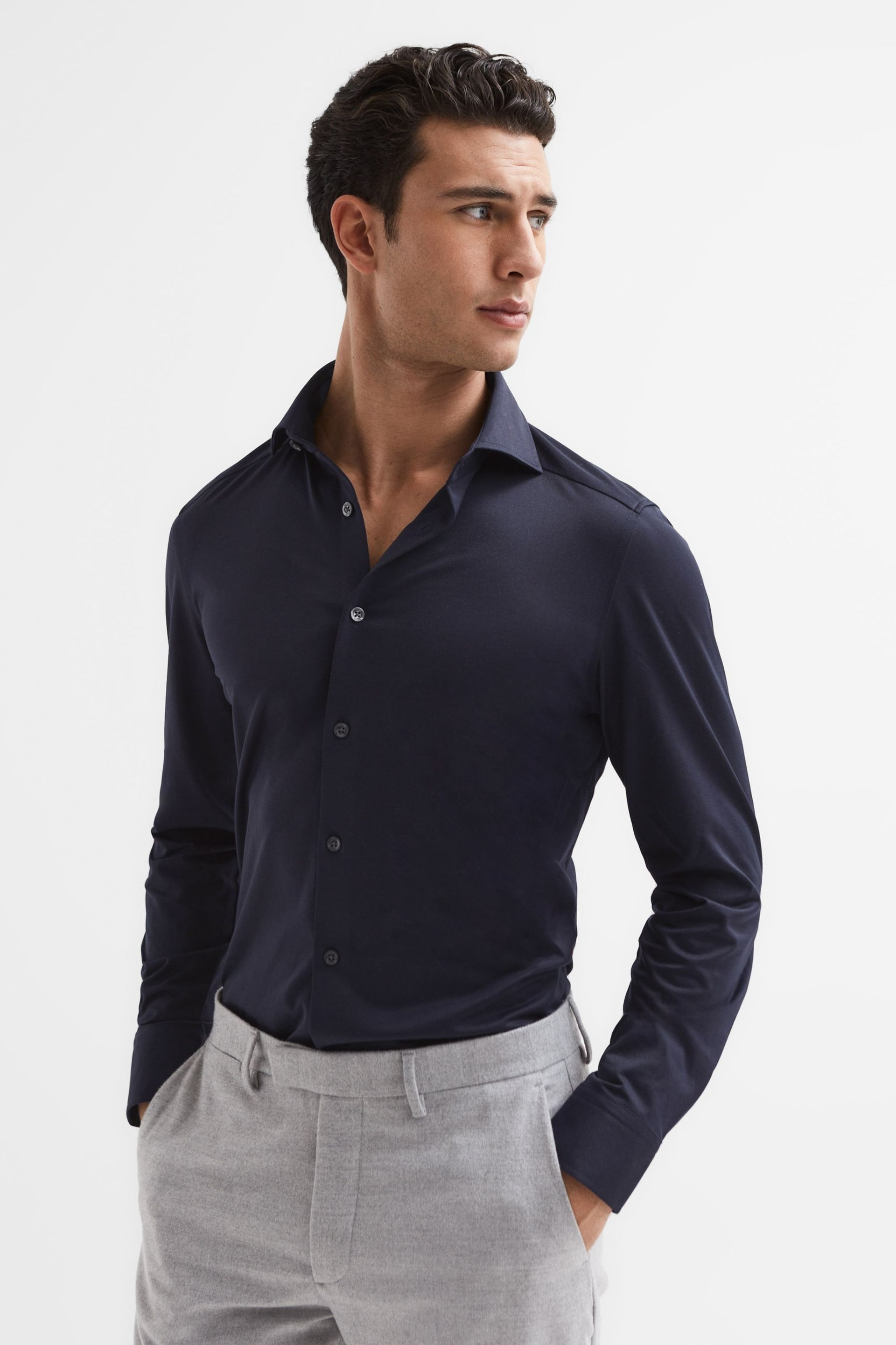 Reiss Navy Nate Cutaway Collar Jersey Slim Fit Shirt - Image 1 of 7