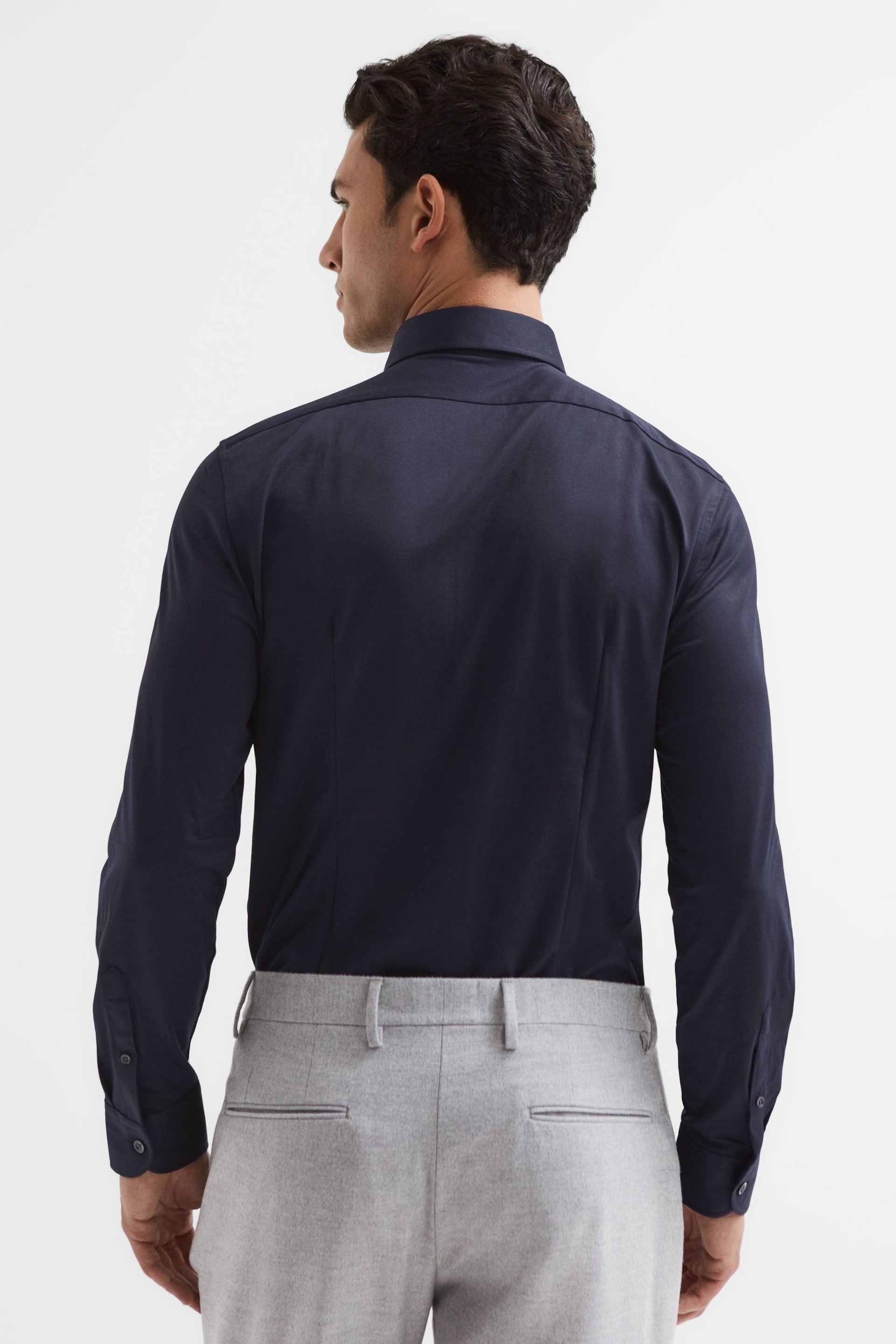 Reiss Navy Nate Cutaway Collar Jersey Slim Fit Shirt - Image 5 of 7