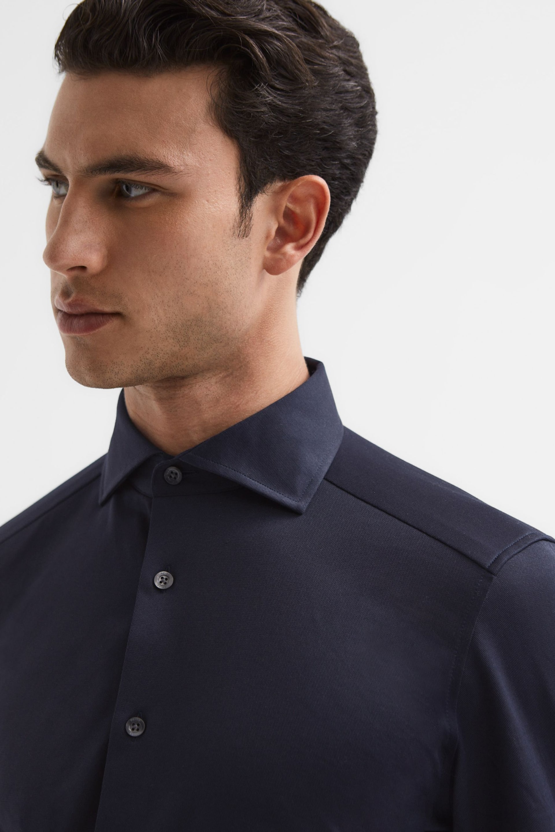 Reiss Navy Nate Cutaway Collar Jersey Slim Fit Shirt - Image 6 of 7