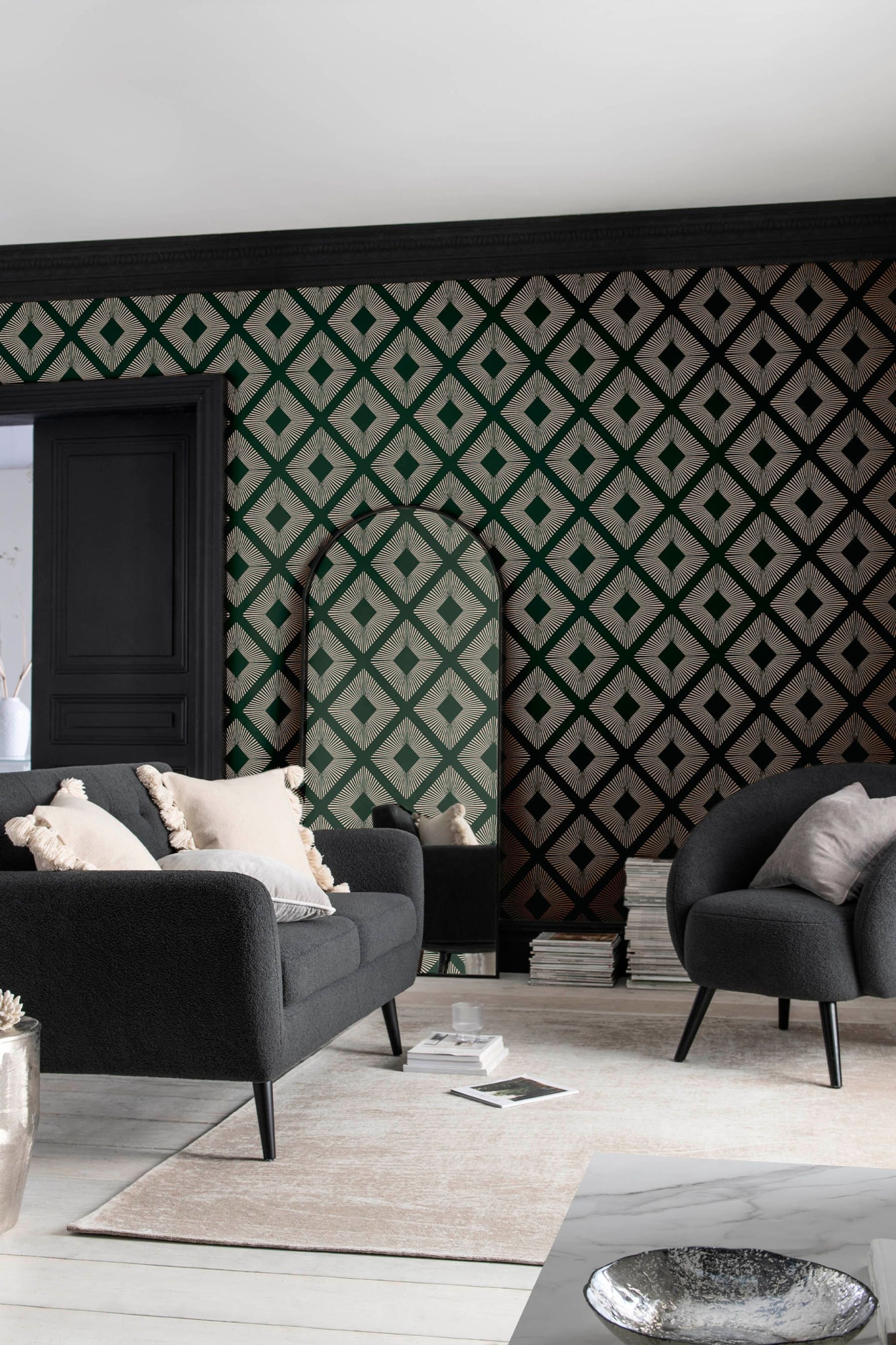 Emerald Green Deco Triangle Wallpaper - Image 1 of 4