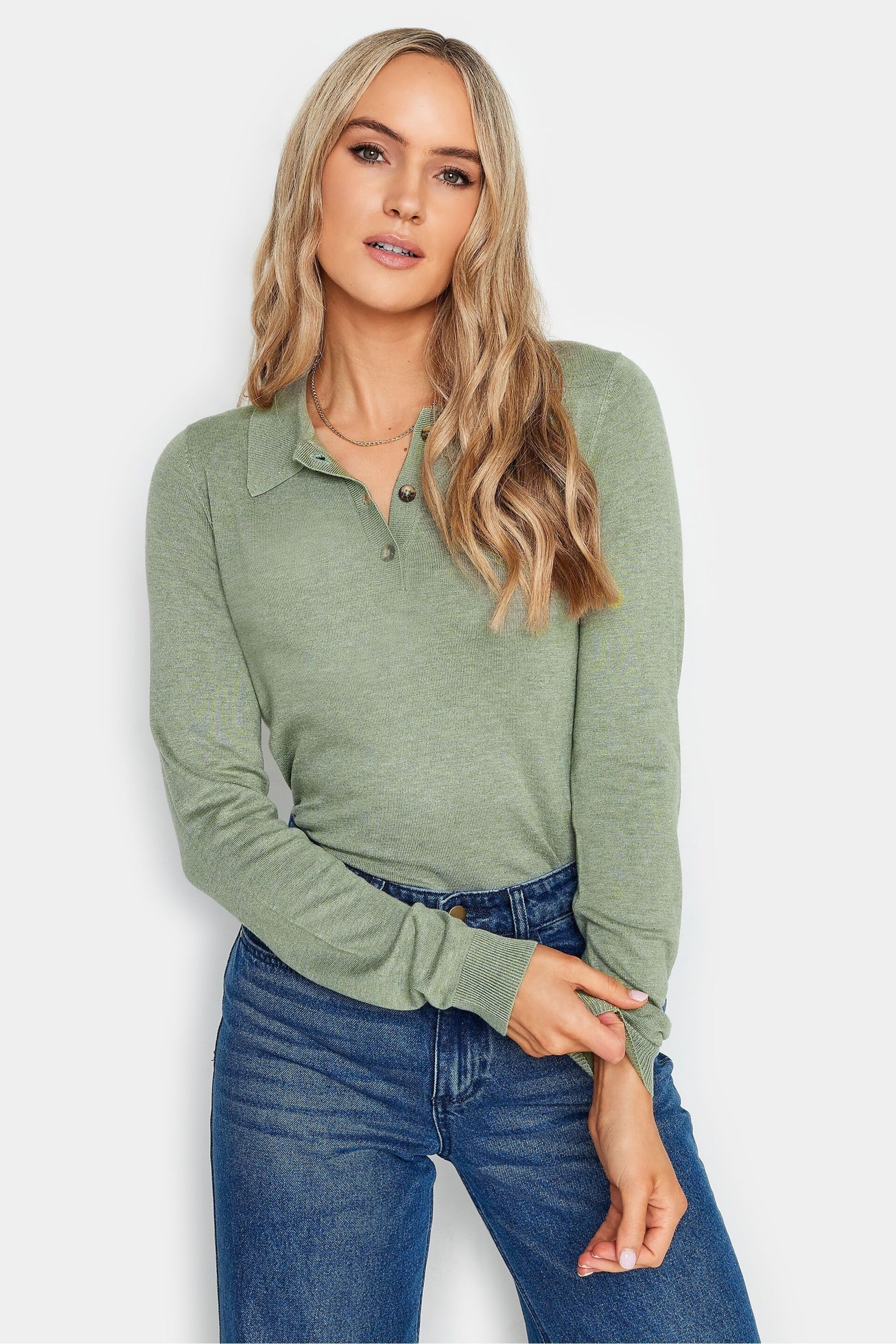 Long Tall Sally Green Button Polo Neck Jumper - Image 1 of 4