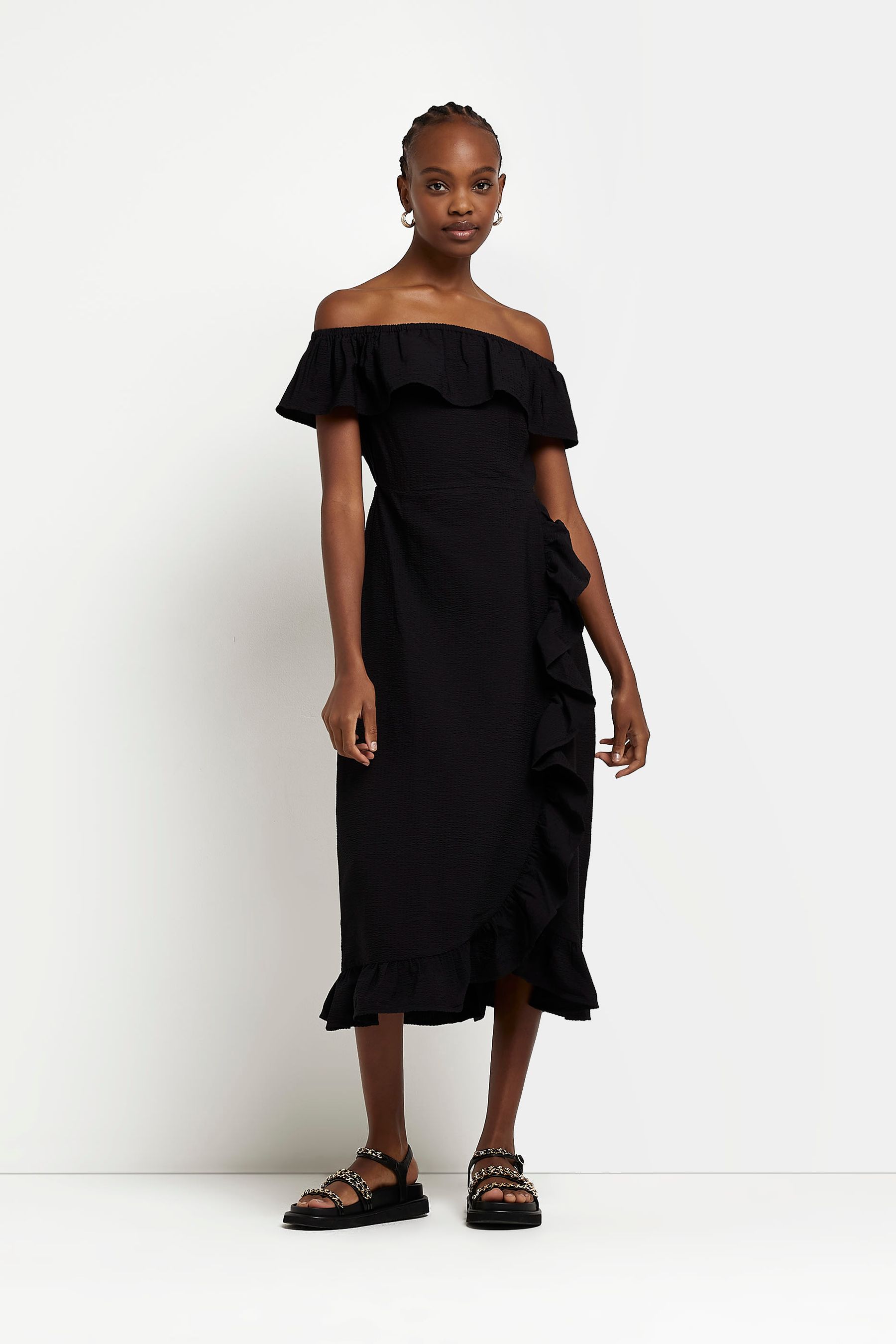 Buy River Island Black Bardot Frill Midi Dress from Next Luxembourg